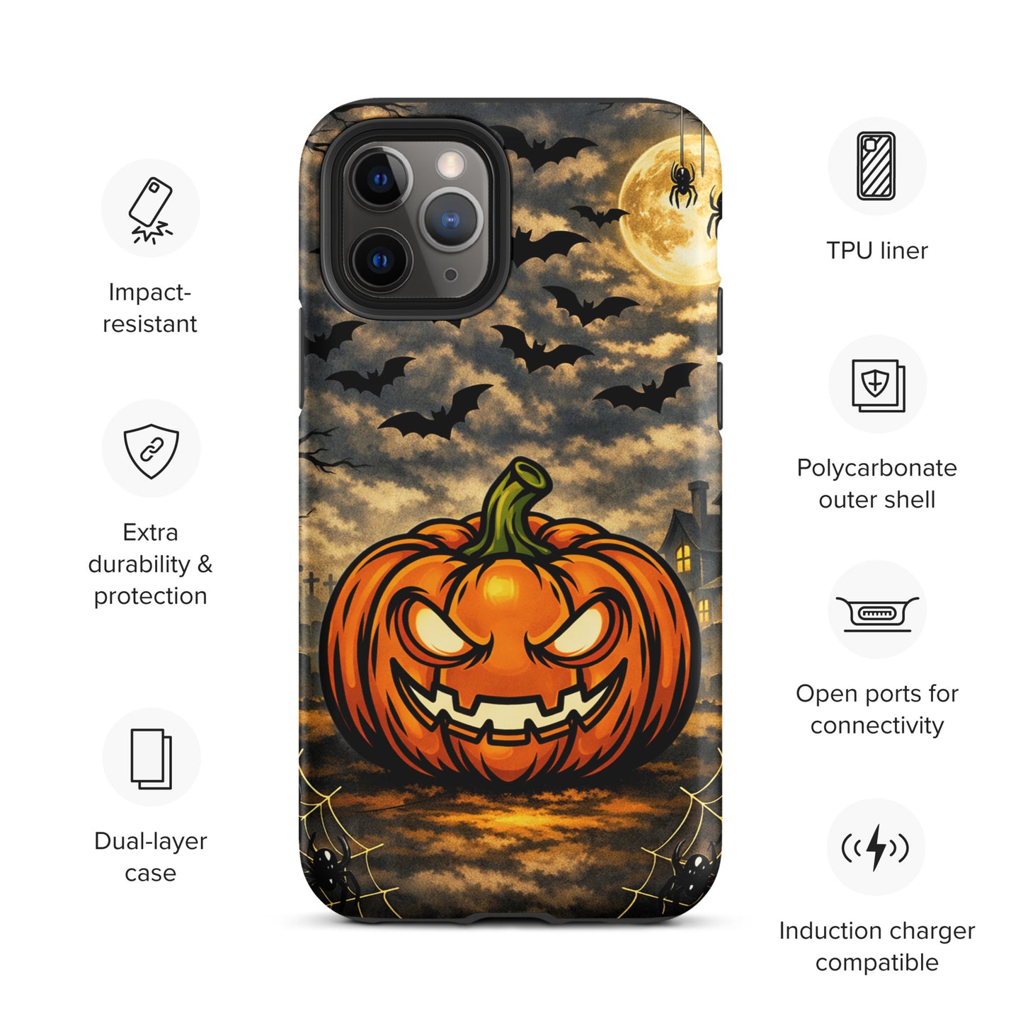 Phone Case for iPhone featuring a spooky Halloween pumpkin, bats, moonlit clouds, and haunted house design, perfect for seasonal flair.