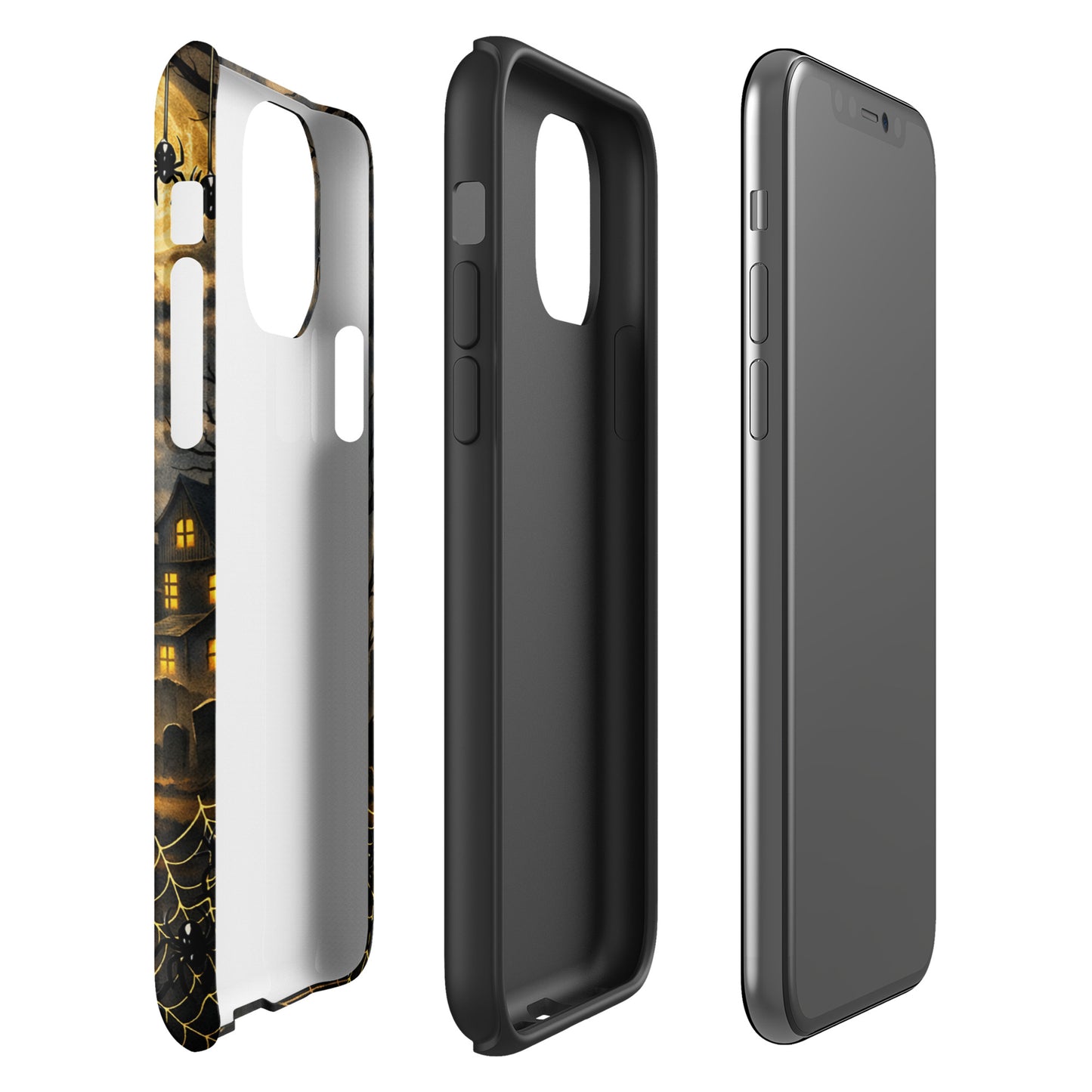 Phone Case for iPhone featuring a haunted pumpkin Halloween scene with jack‑o’-lantern, bats, and moonlit clouds on display.