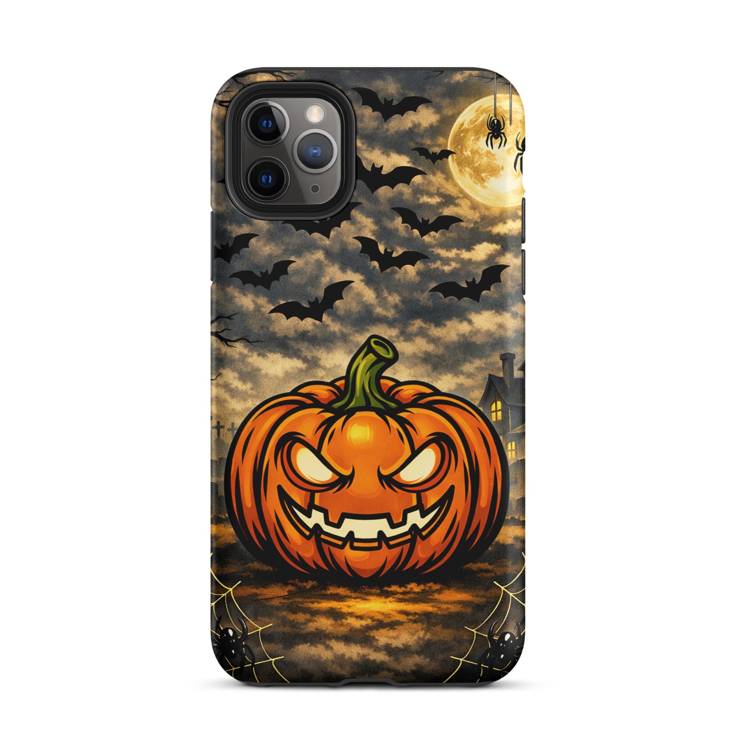 Phone Case for iPhone with haunted pumpkin, bats, moonlit clouds, and haunted house Halloween scene.