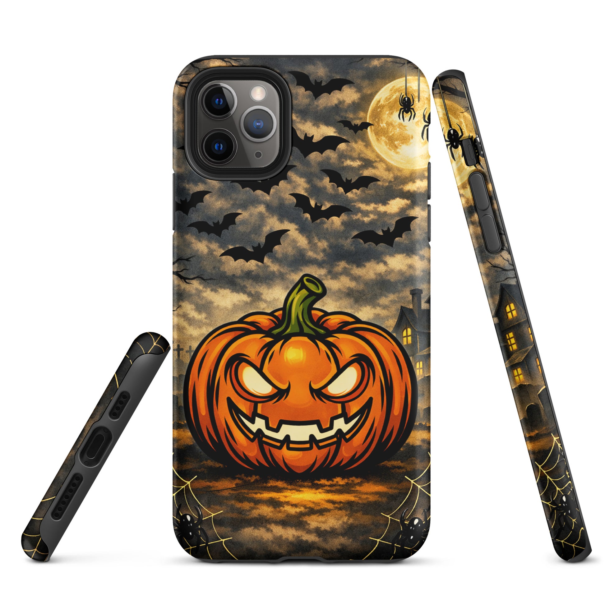 Phone Case for iPhone featuring a Halloween pumpkin, bats, haunted house, moonlit clouds, and spider webs, capturing a spooky scene.
