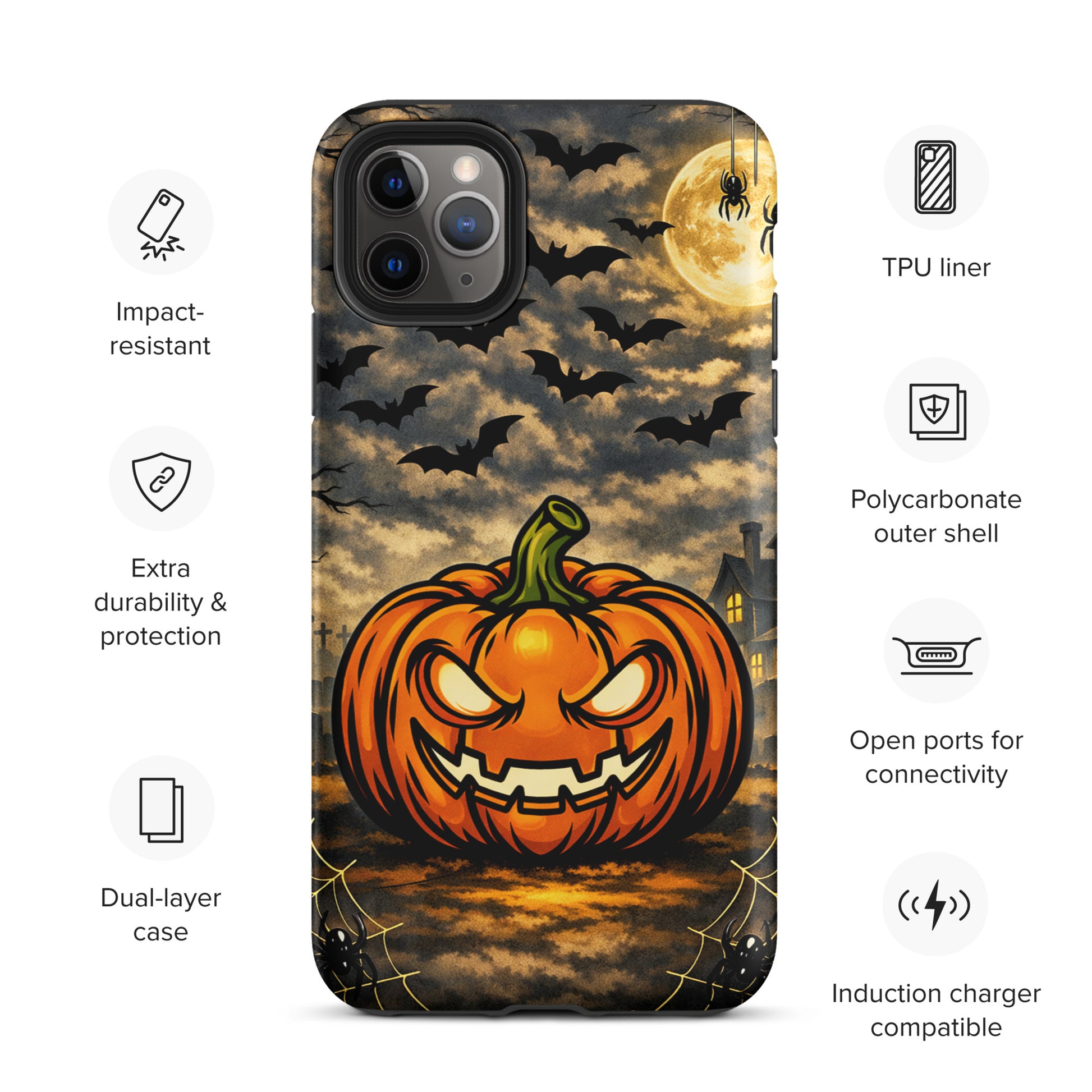 Phone Case for iPhone featuring haunted pumpkin Halloween scene with moon, bats, and spooky charm.