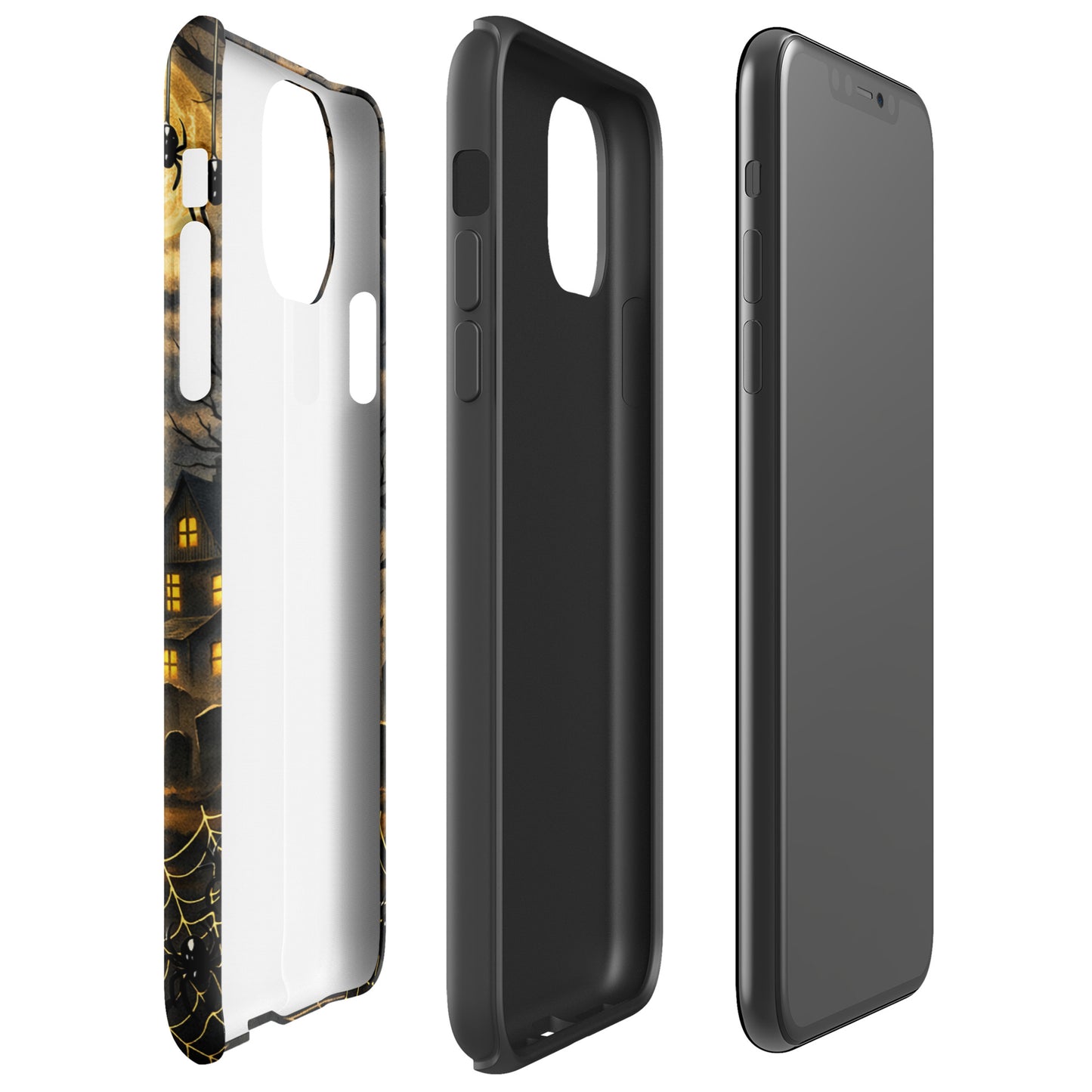 Phone Case for iPhone with Halloween design featuring haunted house, jack-o'-lantern, bats, and moonlit scene.