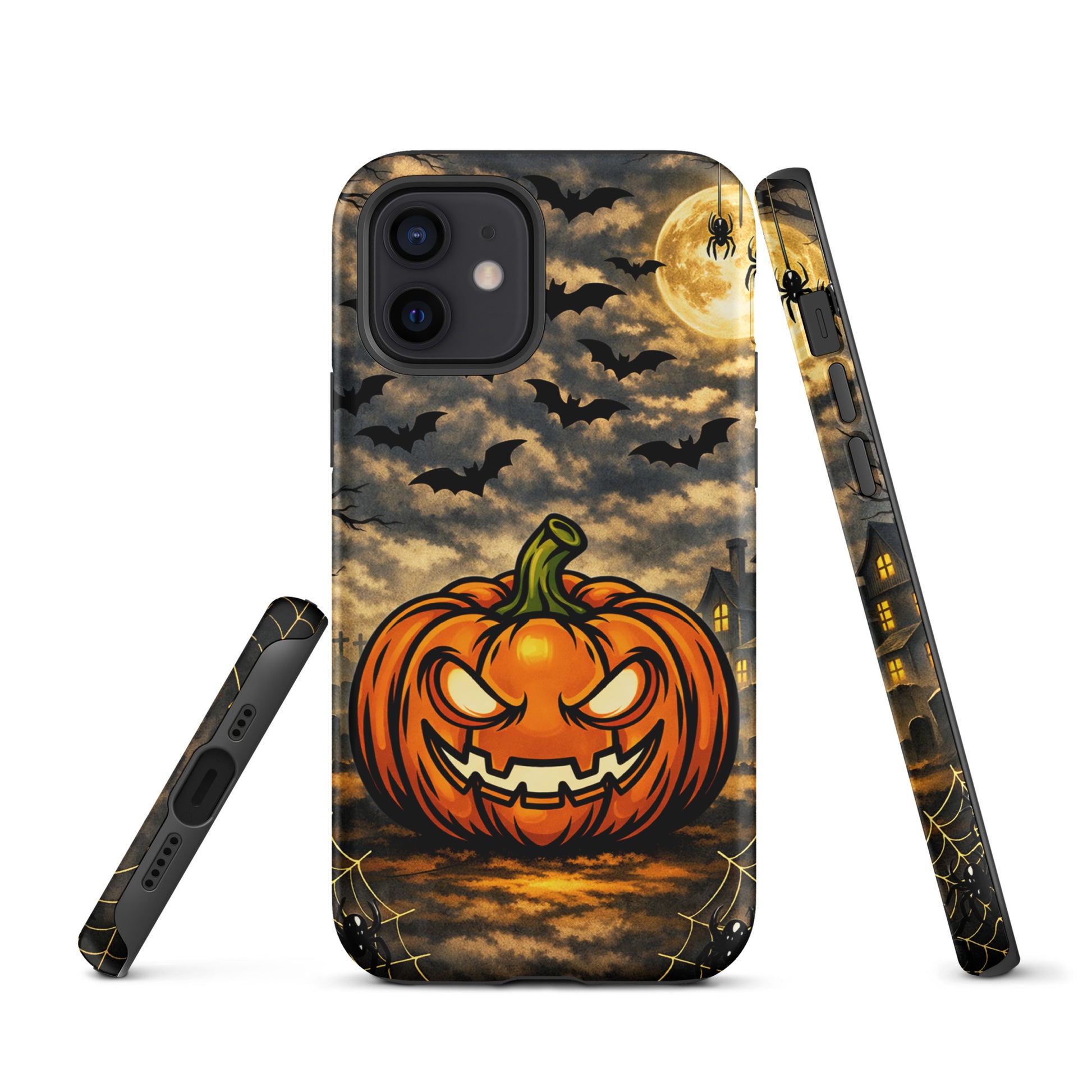 Phone Case for iPhone featuring haunted pumpkin, bats, moonlit clouds, and spooky house for Halloween magic.
