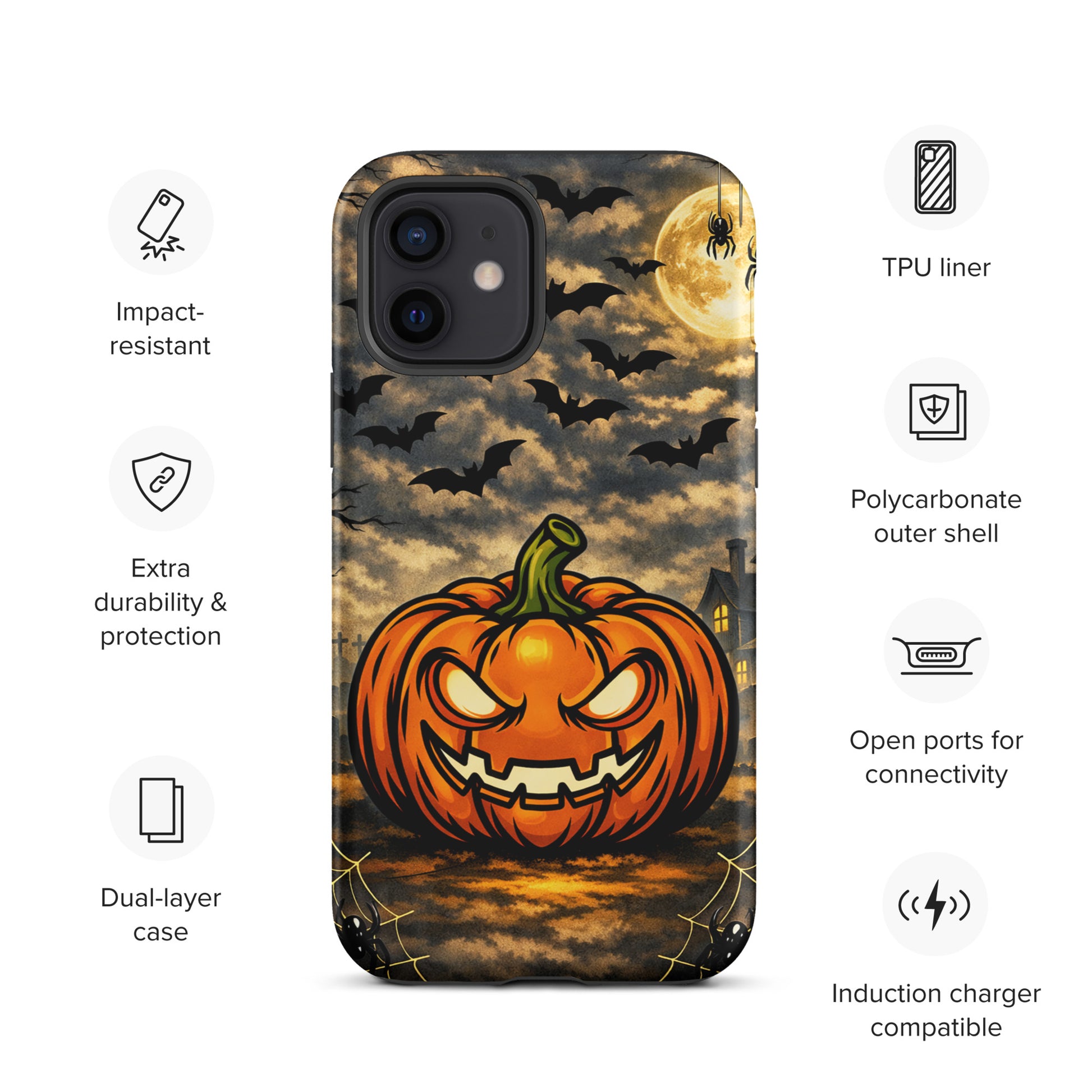 Phone Case for iPhone with Halloween pumpkin, bats, and haunted house design, emphasizing durable protection and spooky charm.