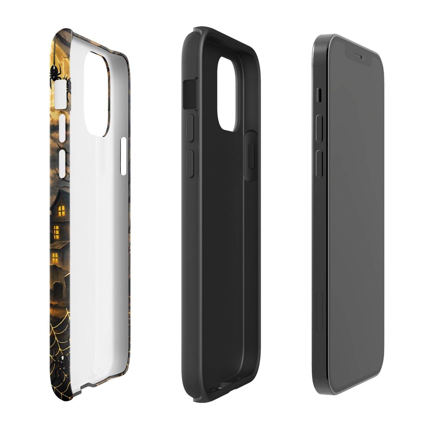 Phone Case for iPhone featuring Halloween design with haunted pumpkin, moonlit scene, bats, clouds, and haunted house details.