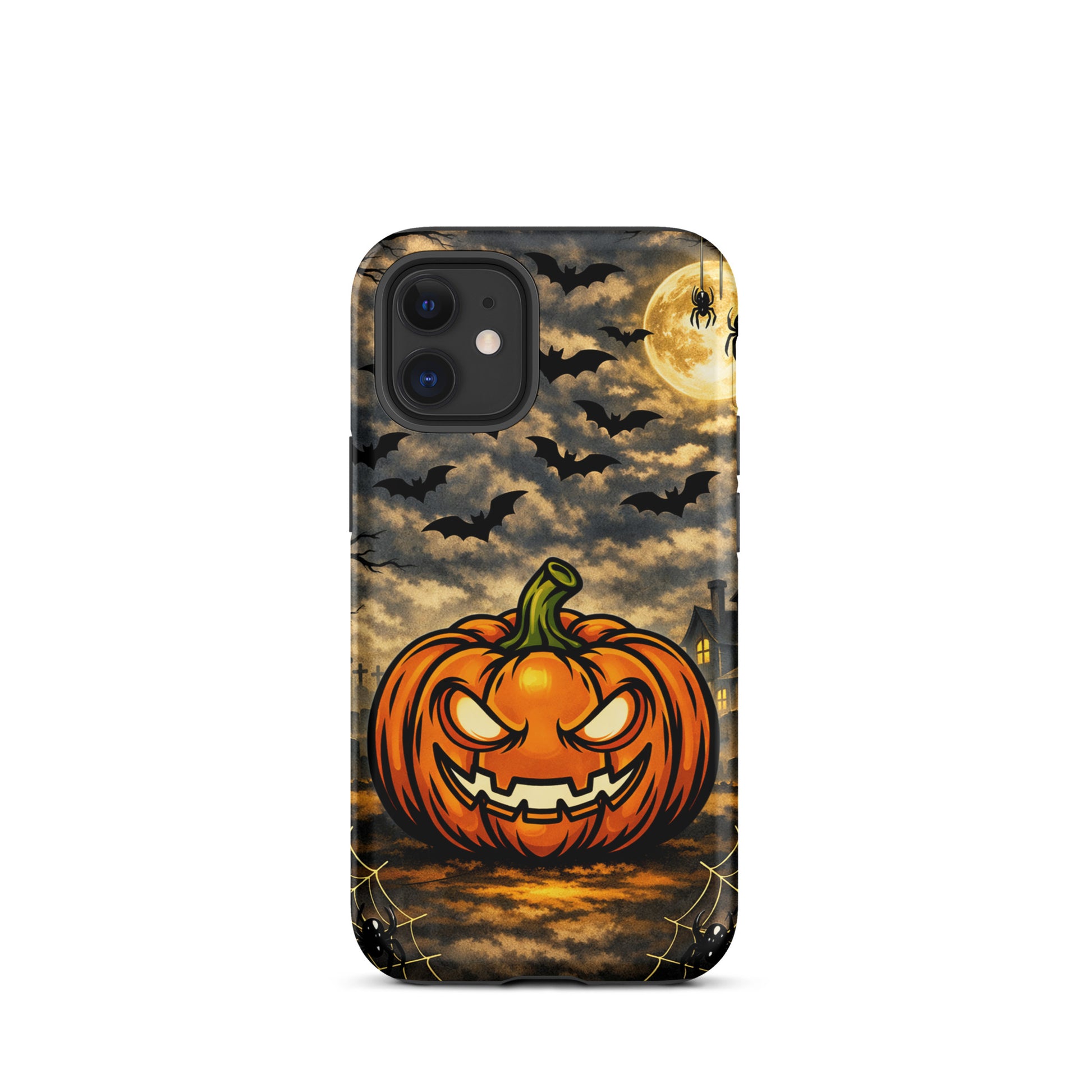Phone Case with haunted pumpkin, swirling bats, moonlit clouds, and haunted house. Perfect Halloween accessory for your iPhone.