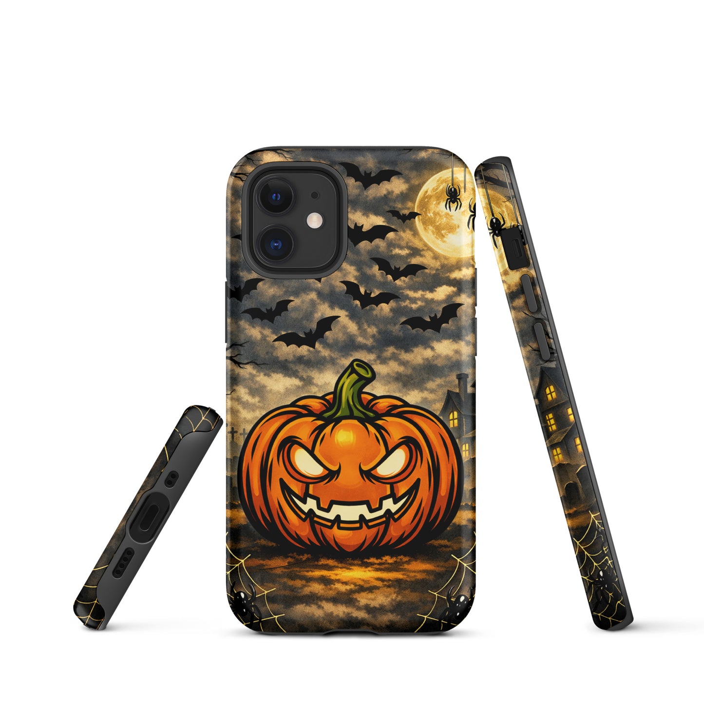 Phone Case featuring a haunted pumpkin and moonlit Halloween scene with bats and haunted house for iPhone.