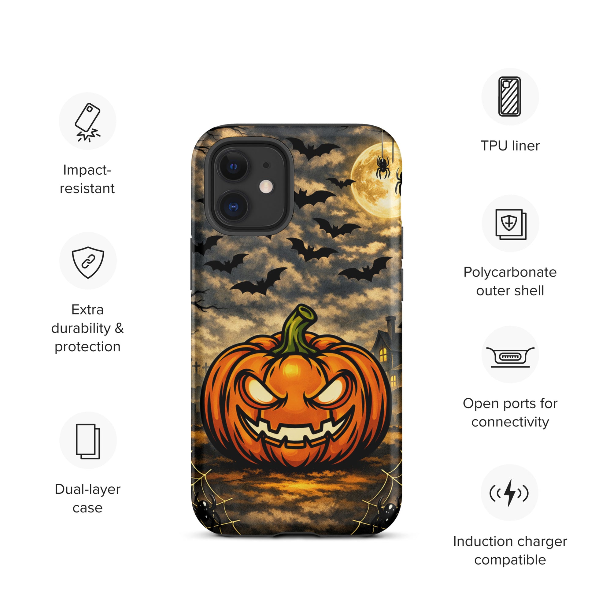 Phone Case for iPhone with Halloween pumpkin, bats, moonlit scene, and haunted house aesthetic for spooky charm and protection.