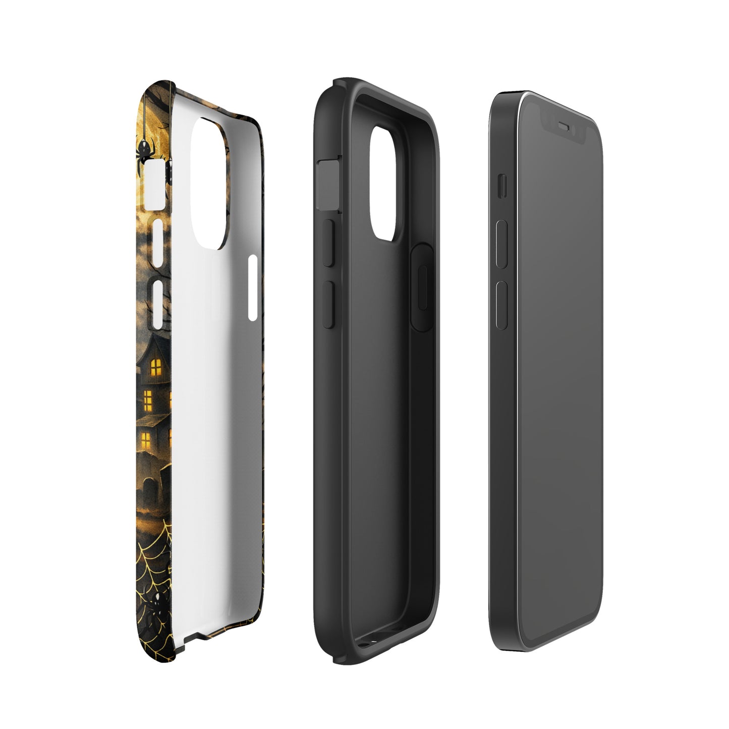 Phone Case for iPhone with Halloween haunted pumpkin scene, jack-o'-lantern, bats, and moonlit clouds, stylish and protective design.