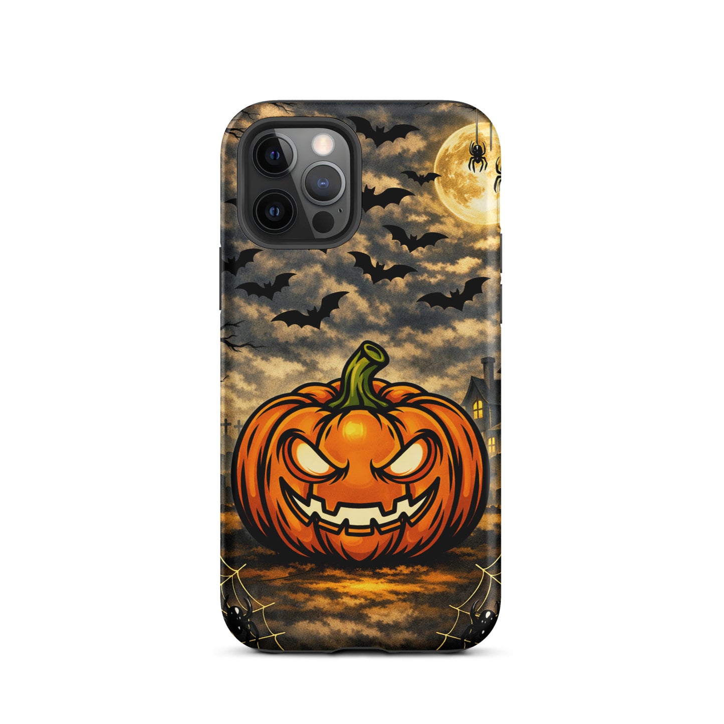 Phone Case with haunted pumpkin, bats, and haunted house under moonlit Halloween sky.