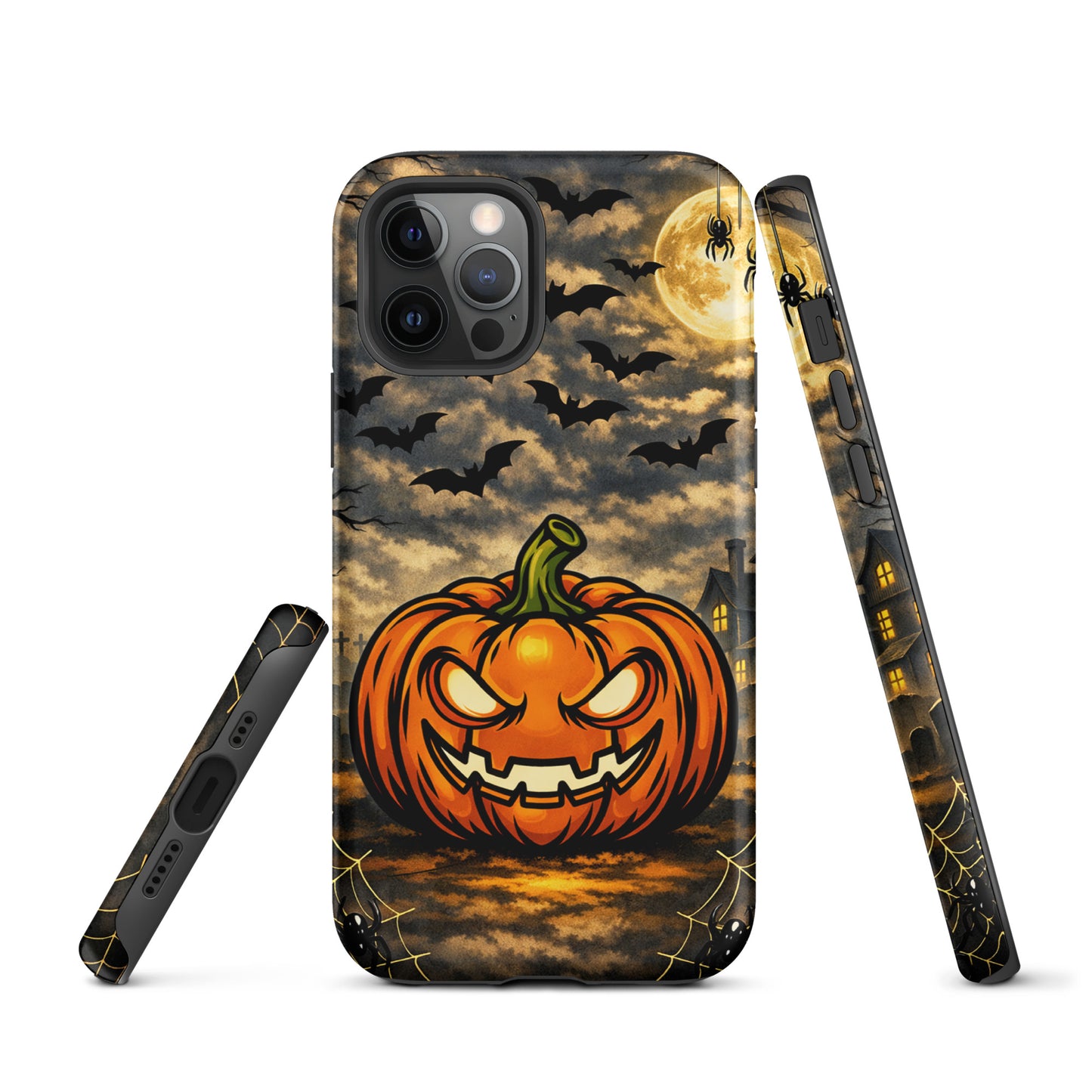 Phone Case for iPhone with Haunted Pumpkin Moonlit Halloween Scene featuring glowing jack-o’-lantern, bats, and haunted house.