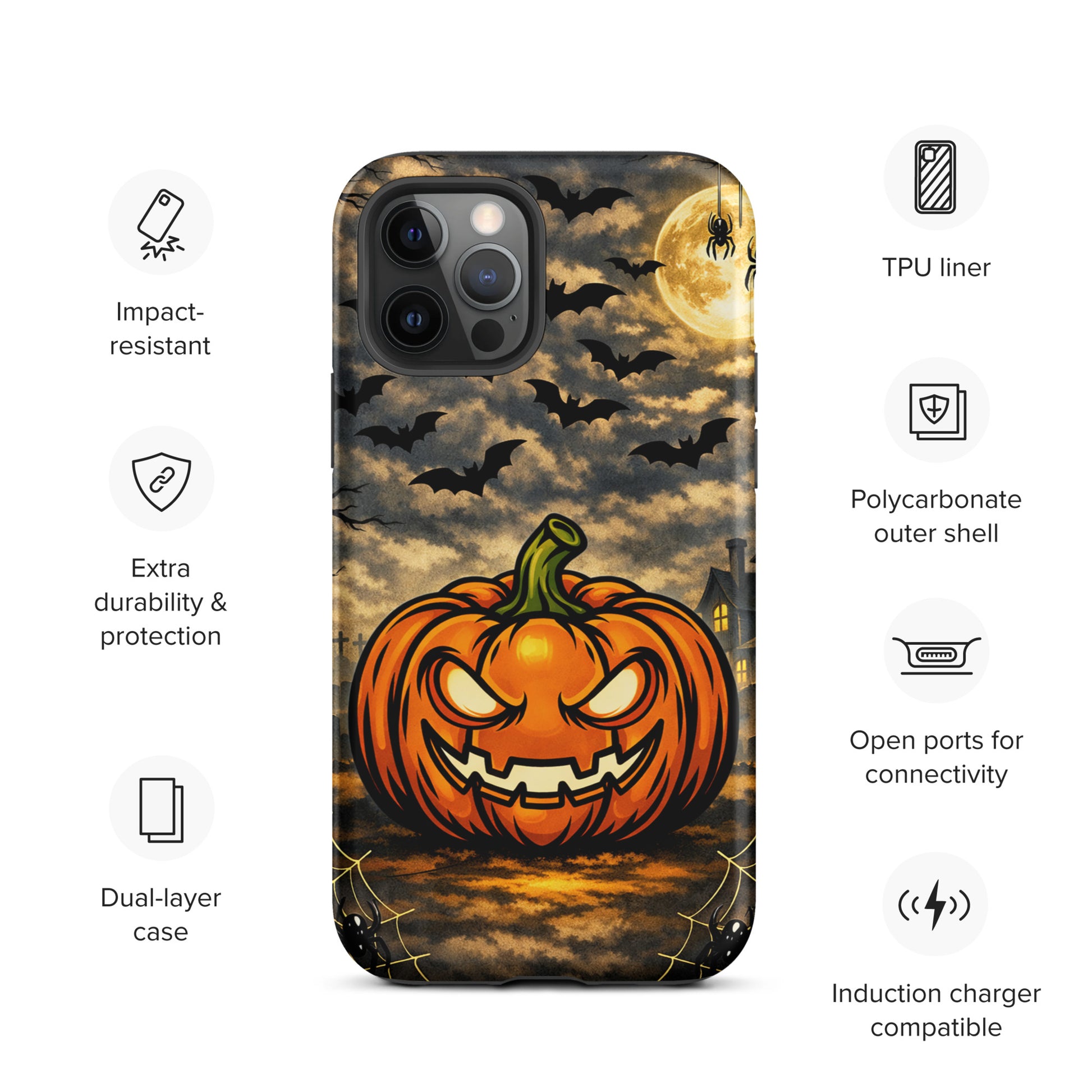 Phone Case for iPhone featuring a haunted pumpkin in a moonlit Halloween scene with bats and clouds, perfect for spooky charm and protection.