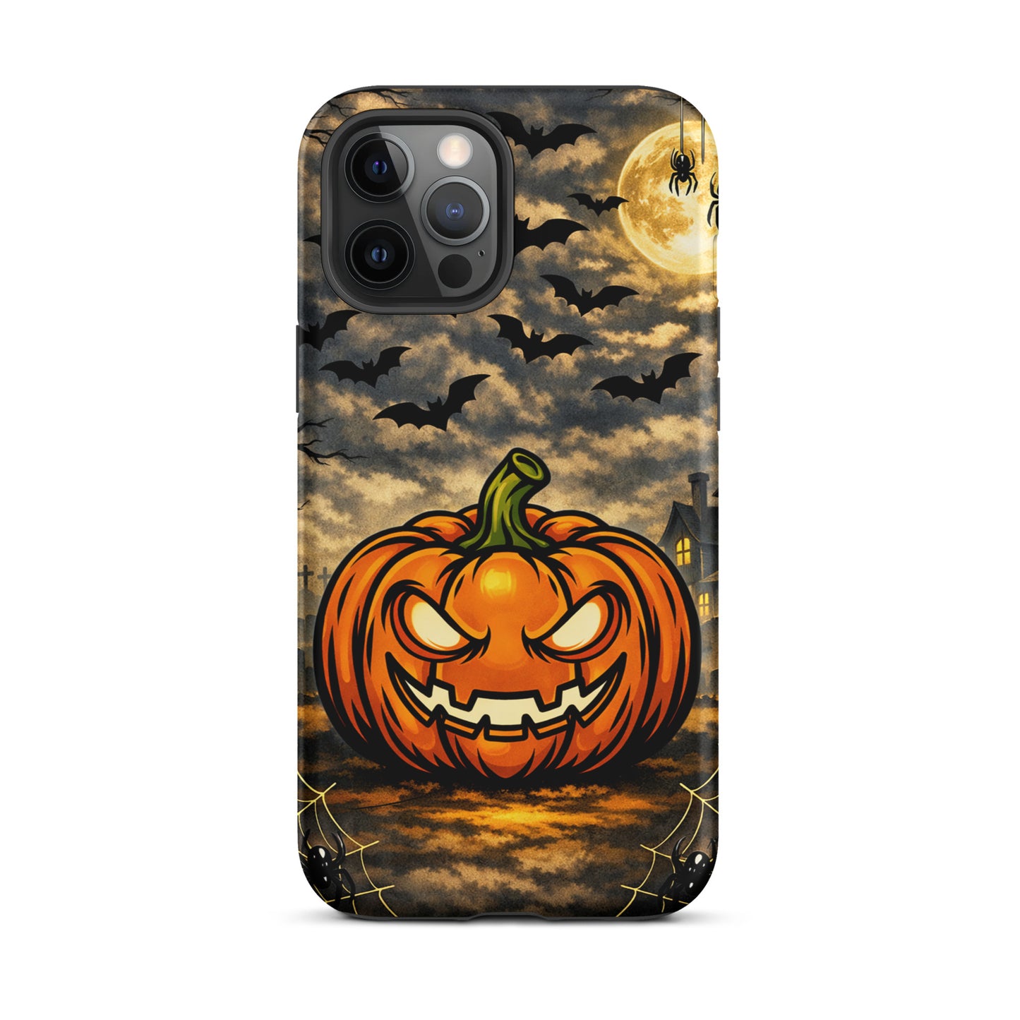 Phone Case for iPhone featuring a haunted pumpkin, bats, and moonlit Halloween scene with a spooky house.