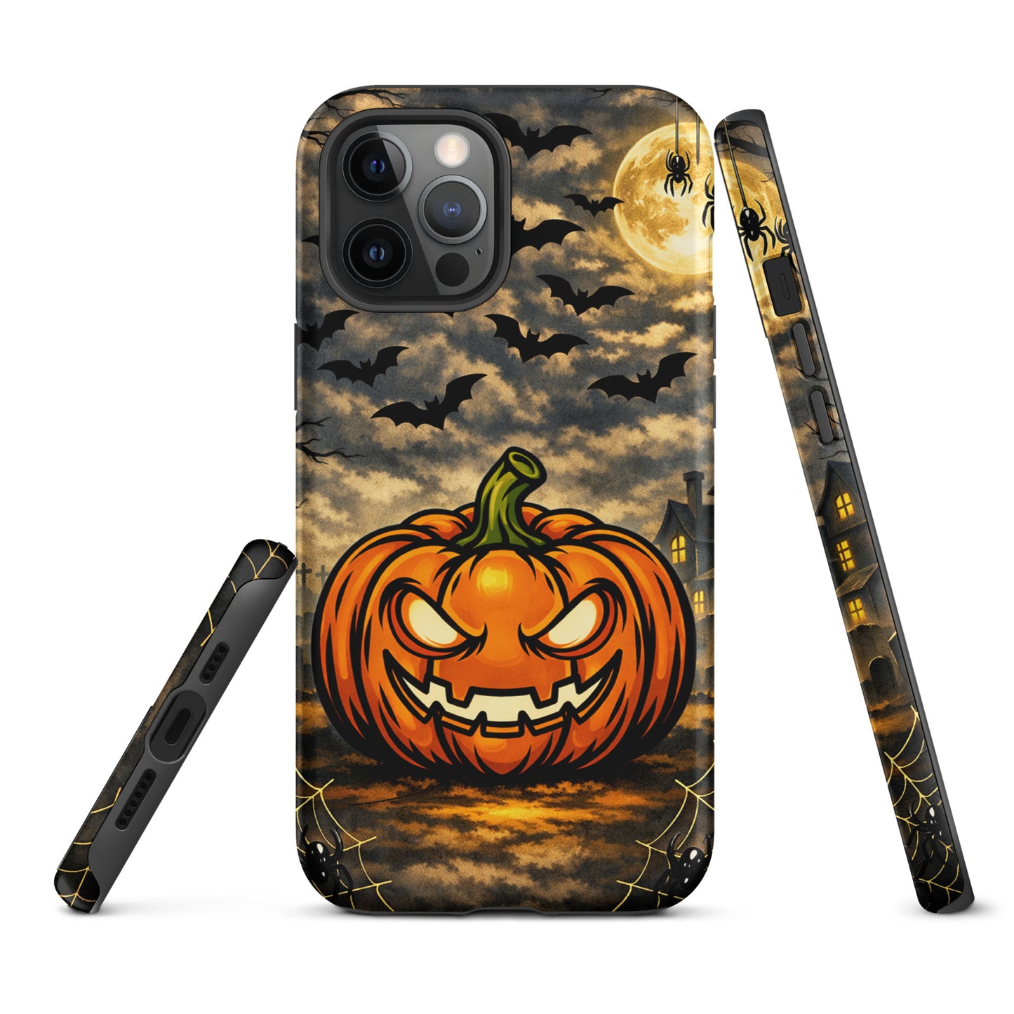 Phone Case for iPhone with haunted pumpkin, bats, and moonlit Halloween scene
