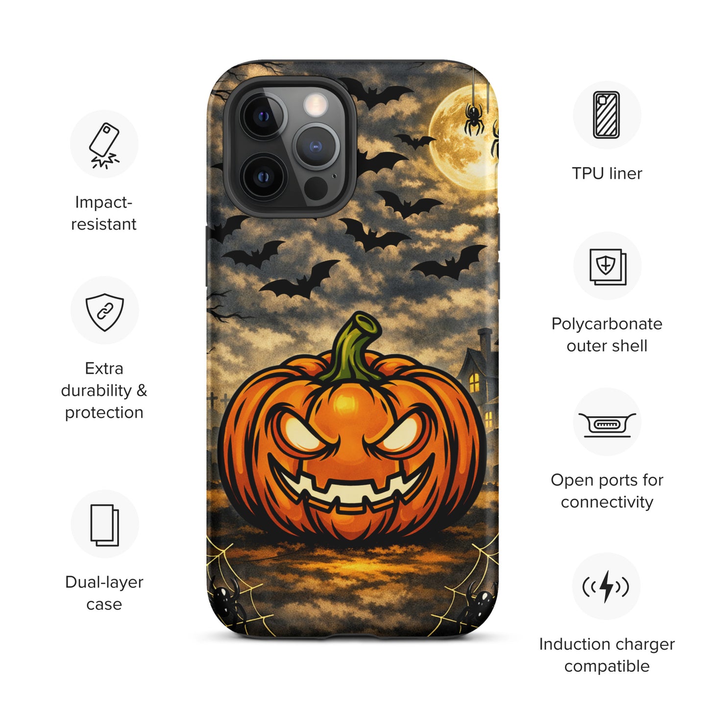 Phone Case for iPhone with Halloween jack-o’-lantern, bats, moonlit clouds, and haunted house design on a durable dual-layer case.