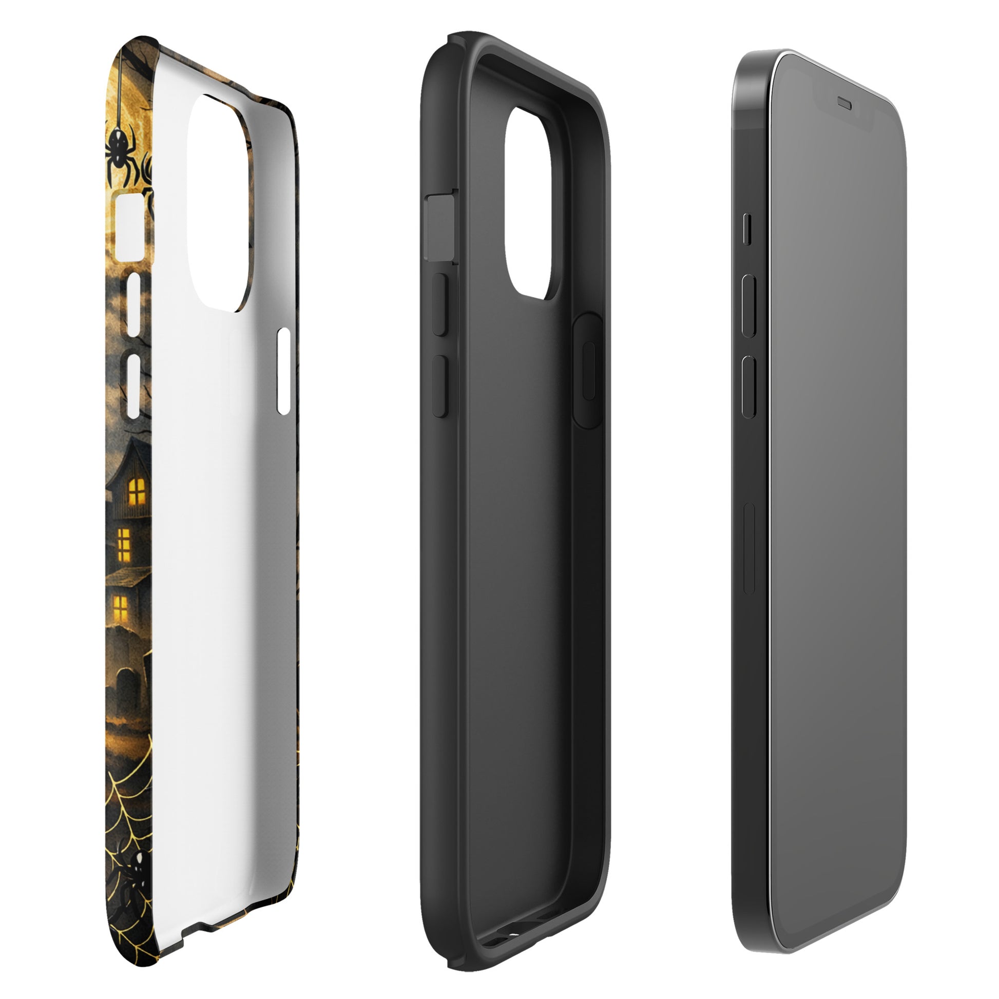 Phone Case for iPhone with haunted pumpkin design, glowing jack-o’-lantern, bats, and moonlit Halloween scene.