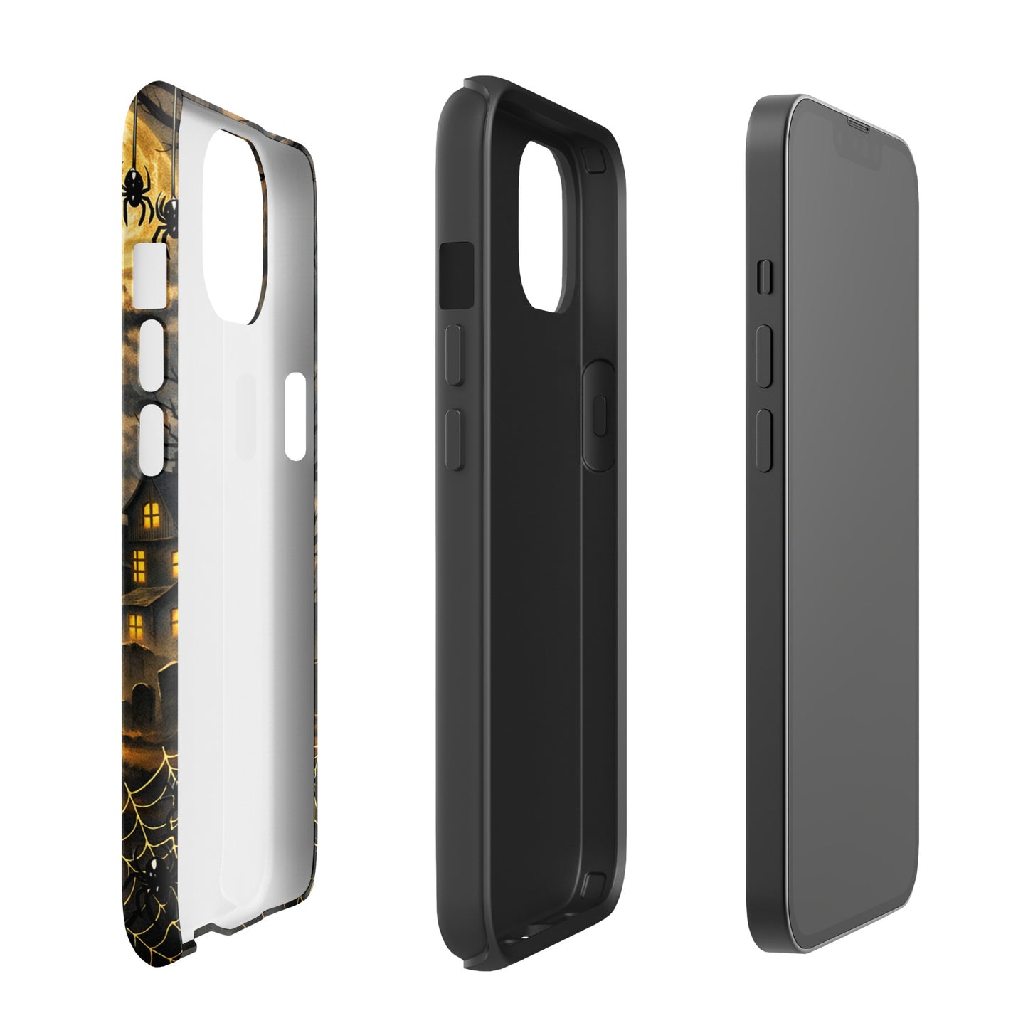 Phone Case for iPhone with haunted pumpkin moonlit Halloween design, featuring jack‑o’-lantern, bats, clouds, and haunted house.