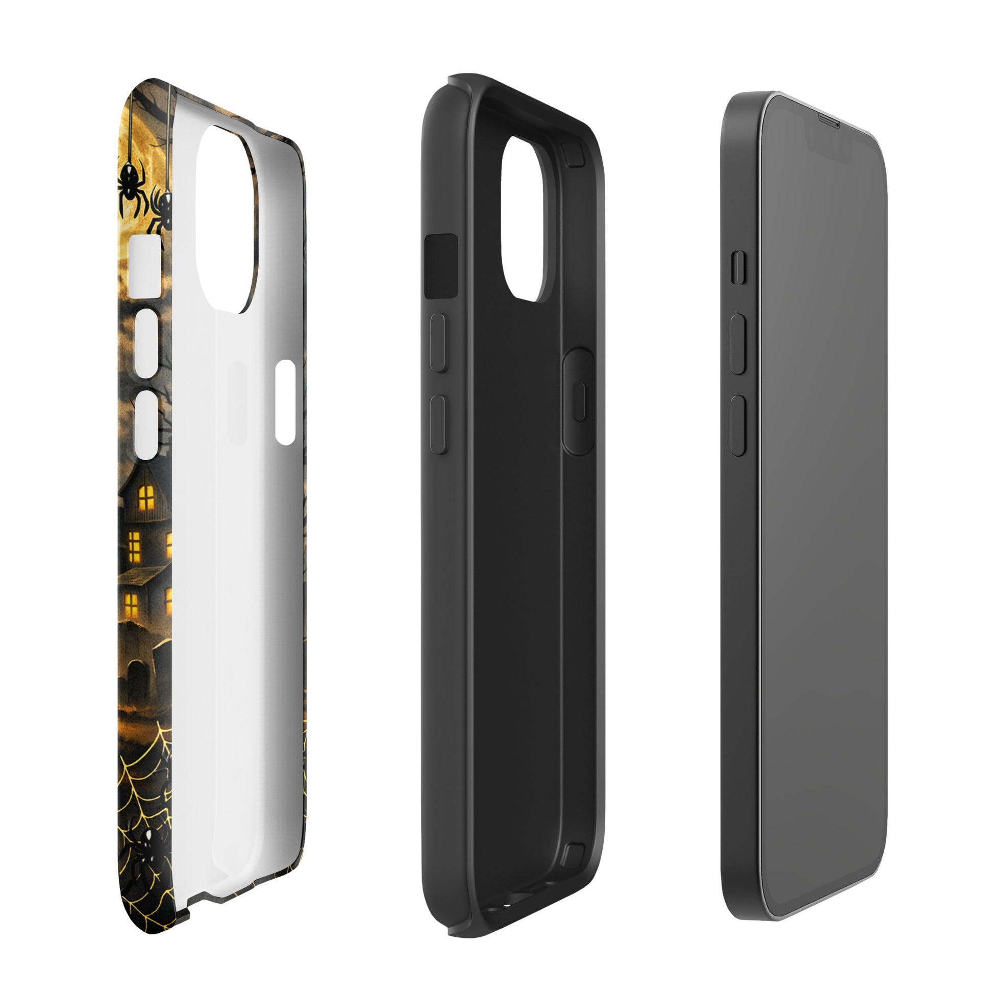 Phone Case for iPhone with haunted pumpkin moonlit Halloween design, featuring jack‑o’-lantern, bats, clouds, and haunted house.