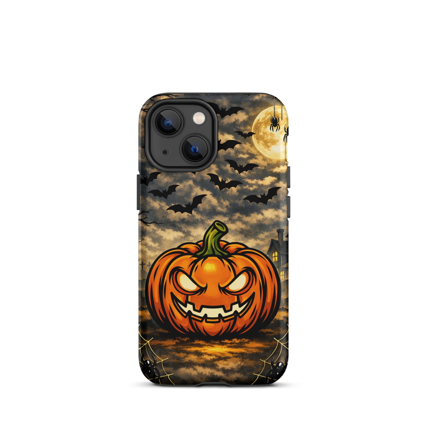 Phone Case for iPhone with Halloween pumpkin, bats, moonlit clouds, and haunted house design.