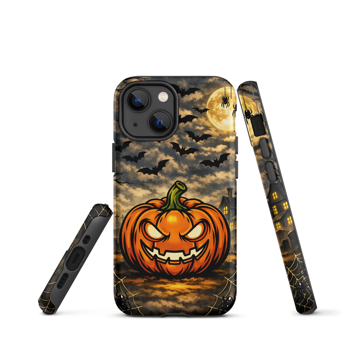Phone Case for iPhone featuring a haunted pumpkin, moonlit bats, and a spooky house, perfect for Halloween enthusiasts.