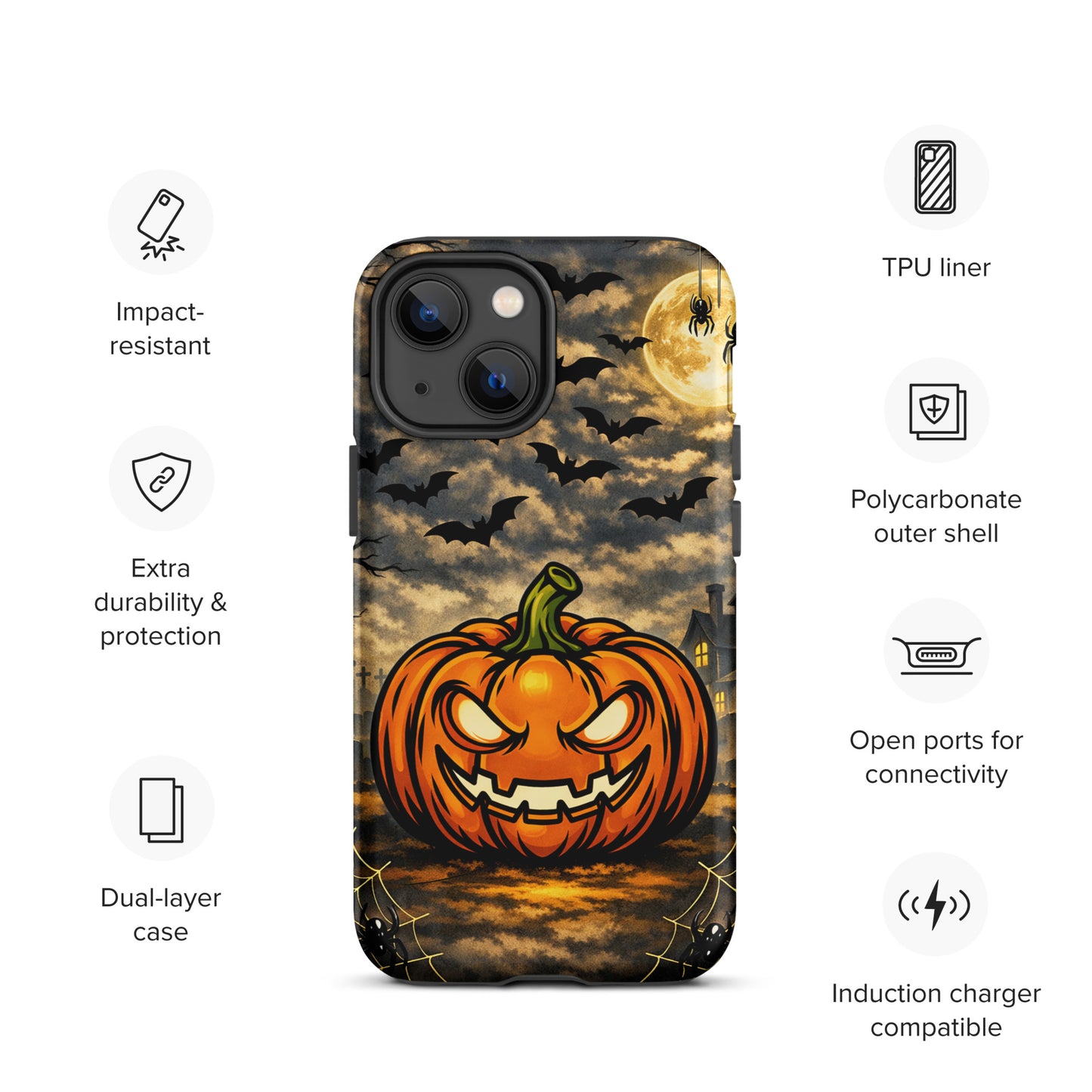 Phone Case for iPhone featuring a Halloween scene with a glowing jack-o'-lantern, moonlit clouds, bats, and a haunted house design.