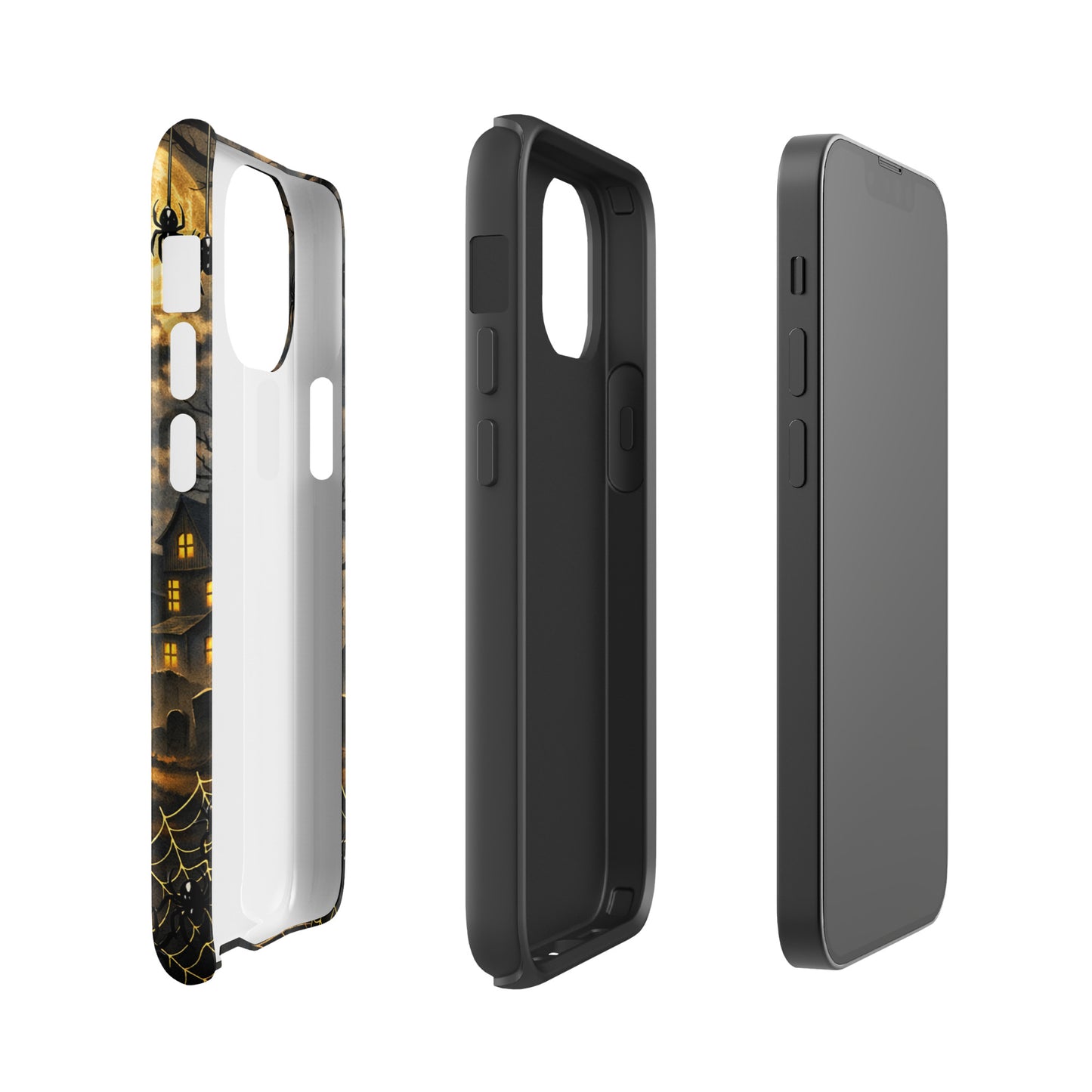 Phone Case for iPhone featuring haunted pumpkin moonlit Halloween scene design with jack-o’-lantern, bats, and moonlight.