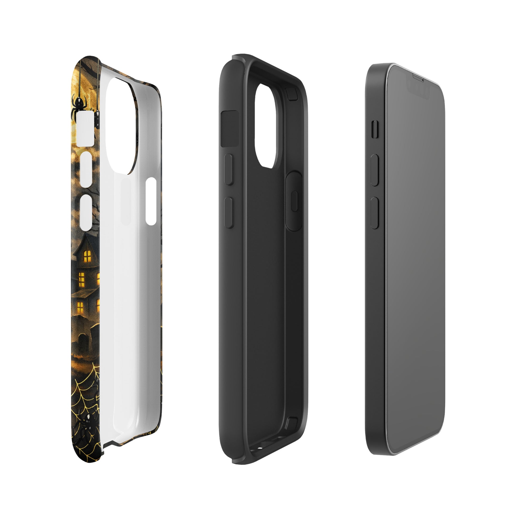 Phone Case for iPhone featuring haunted pumpkin moonlit Halloween scene design with jack-o’-lantern, bats, and moonlight.