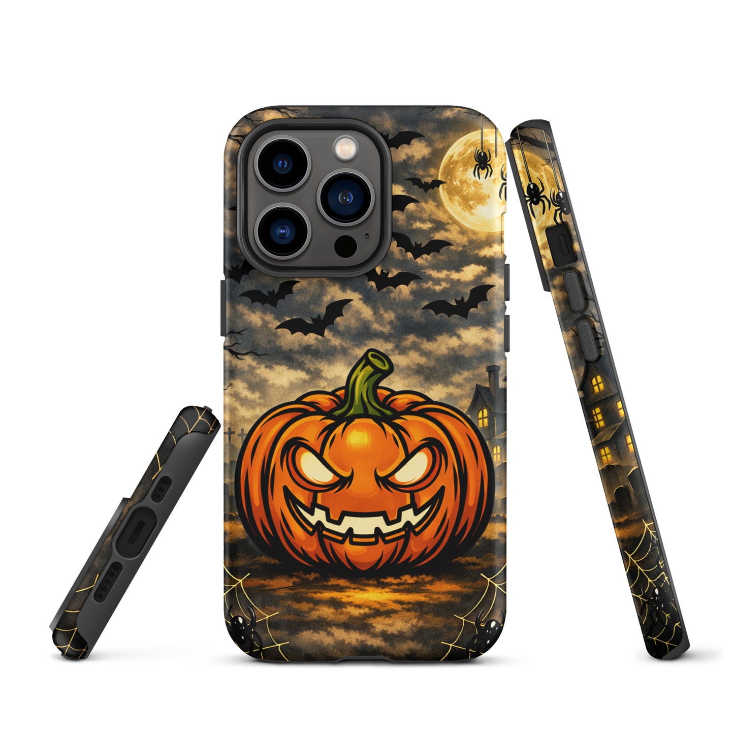 Phone Case for iPhone with haunted Halloween pumpkin and moonlit scene, featuring bats, clouds, and a spooky house design.