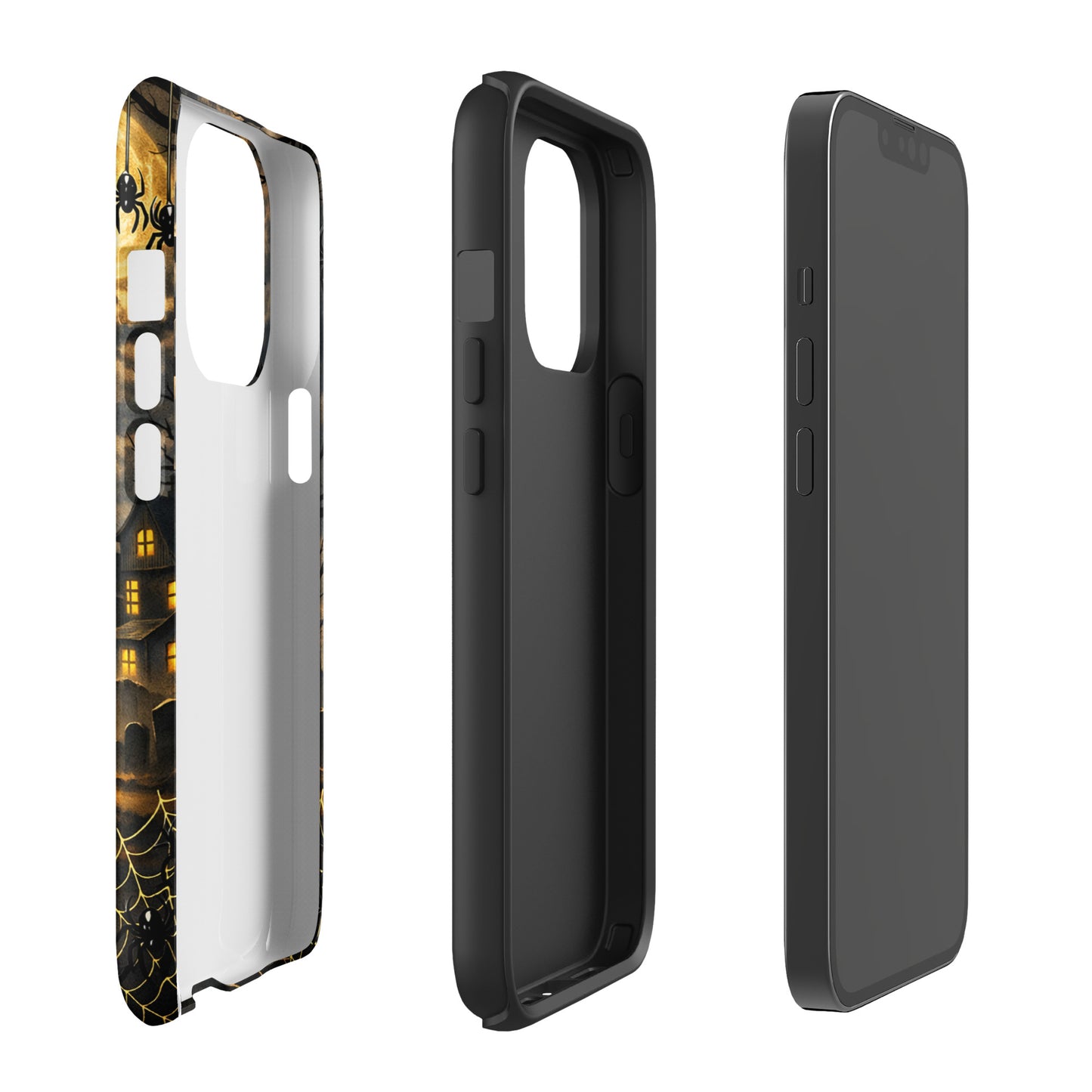 Phone Case for iPhone featuring haunted pumpkin moonlit Halloween scene with glowing jack-o’-lantern, bats, and haunted house design.