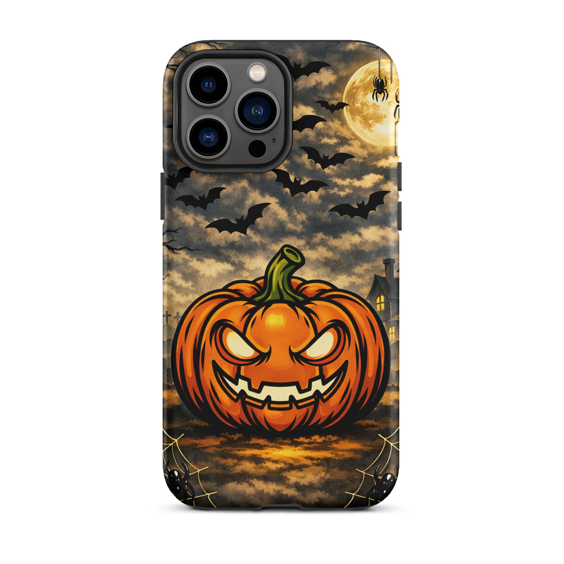 Phone Case for iPhone with Halloween design featuring jack-o'-lantern, bats, moon, and haunted house.