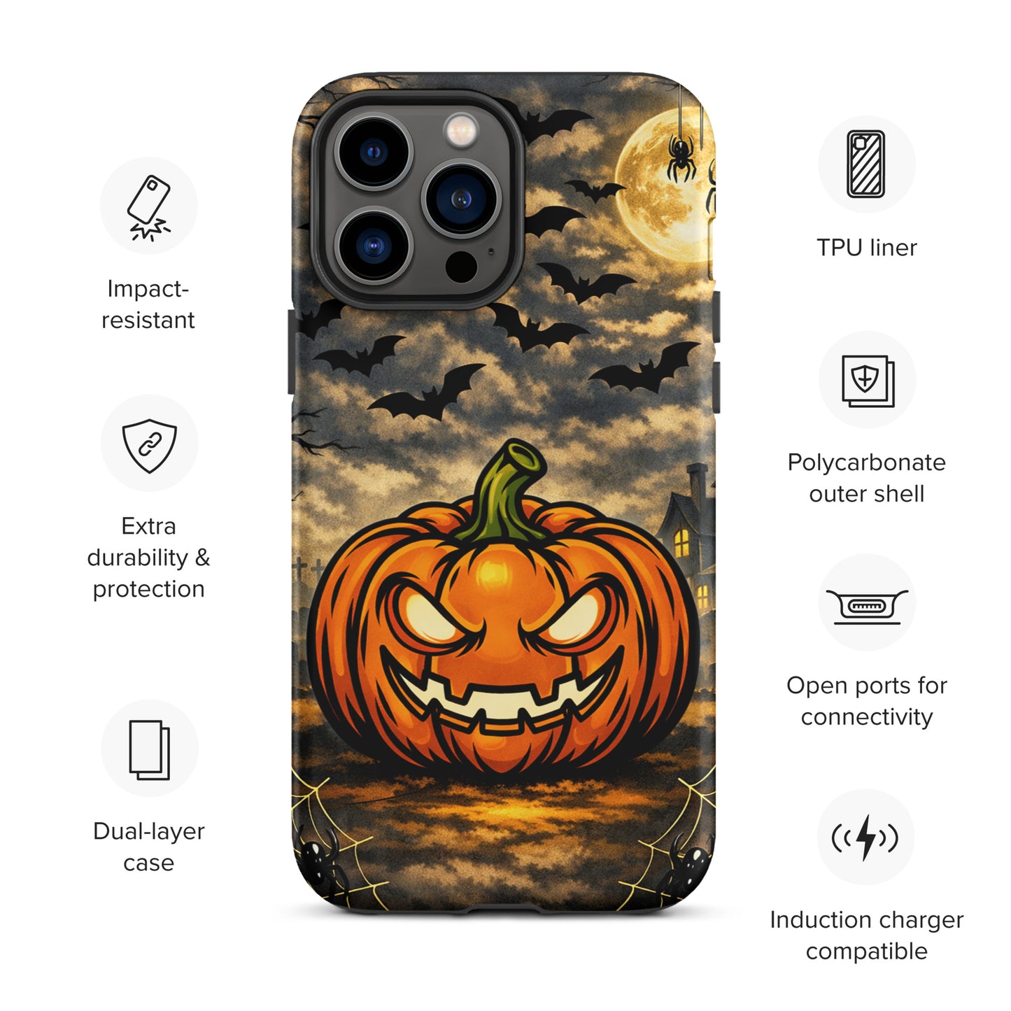 Phone Case for iPhone with haunted pumpkin and bats under a moonlit Halloween scene, featuring a spooky haunted house and jack-o’-lantern.