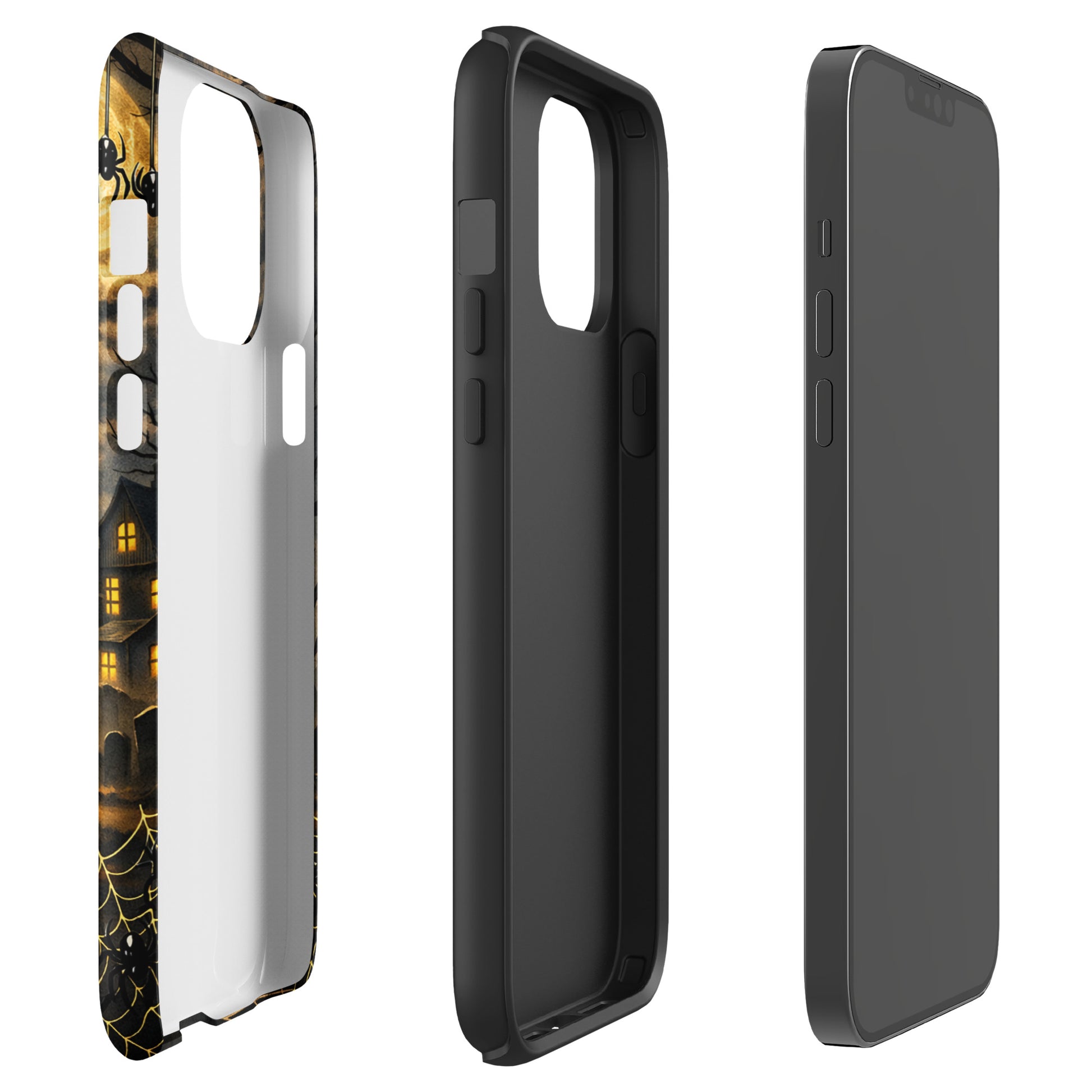 Phone Case for iPhone featuring a haunted Halloween scene with a glowing jack‑o’-lantern, bats, moonlit clouds, and a spooky house.