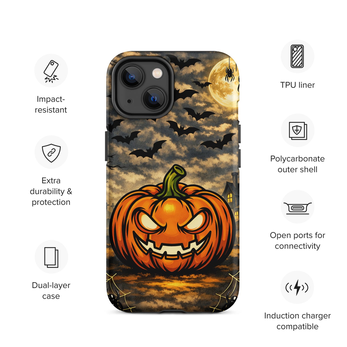 Phone Case for iPhone featuring a haunted pumpkin with bats, moonlit clouds, and a haunted house, perfect for Halloween vibes.