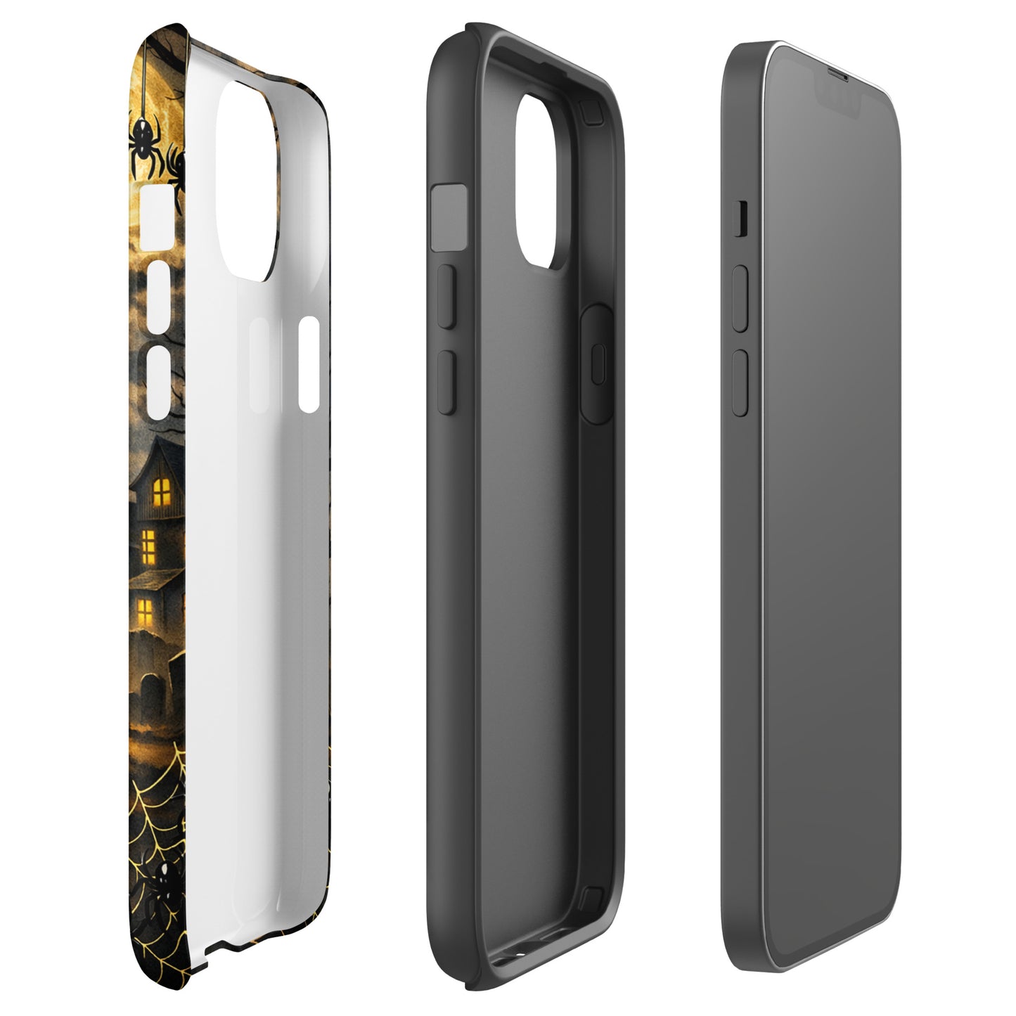 Phone Case for iPhone with haunted pumpkin Halloween design, featuring glowing jack-o'-lantern, bat illustrations, and spooky house.