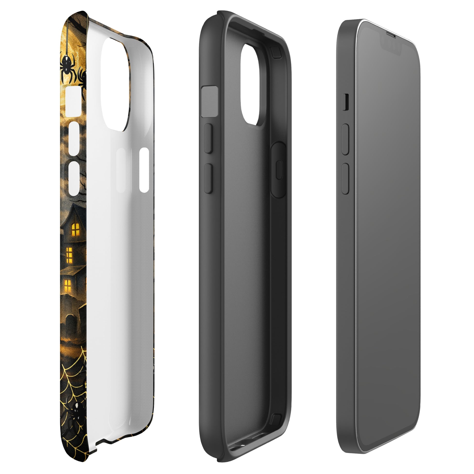 Phone Case for iPhone with haunted pumpkin Halloween design, featuring glowing jack-o'-lantern, bat illustrations, and spooky house.