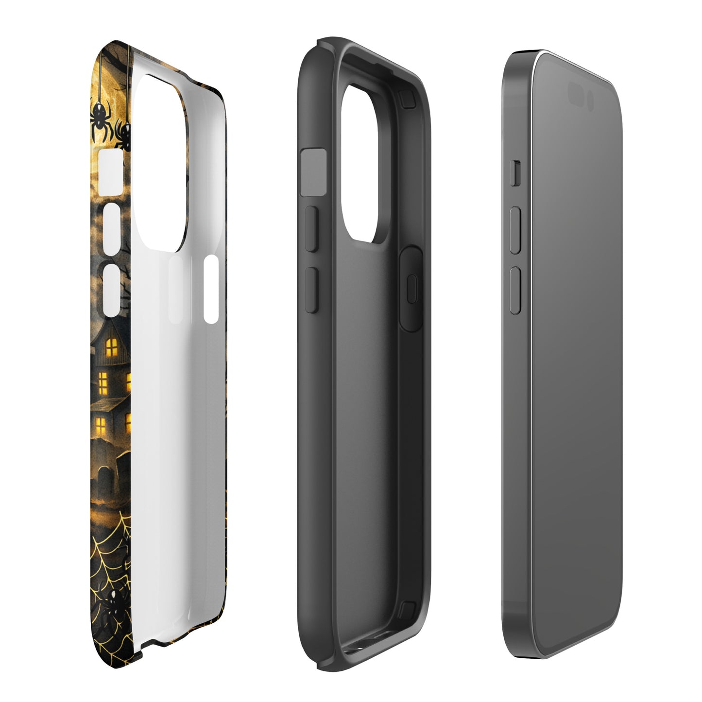Phone Case for iPhone with haunted pumpkin and moonlit Halloween scene design featuring jack‑o’-lantern, bats, and haunted house.