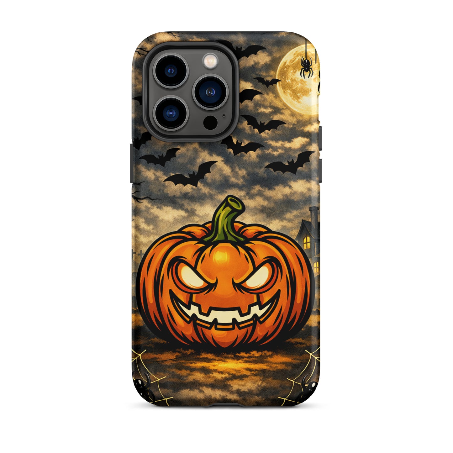 Phone Case for iPhone with haunted pumpkin and moonlit Halloween scene featuring bats and a spooky house.