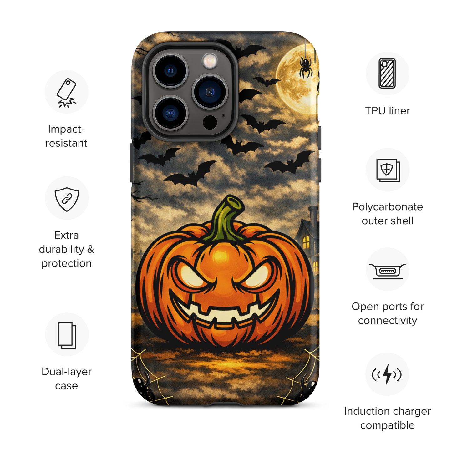 Phone Case for iPhone featuring a haunted Halloween scene with a glowing jack-o'-lantern, swirling bats, and moonlit clouds.