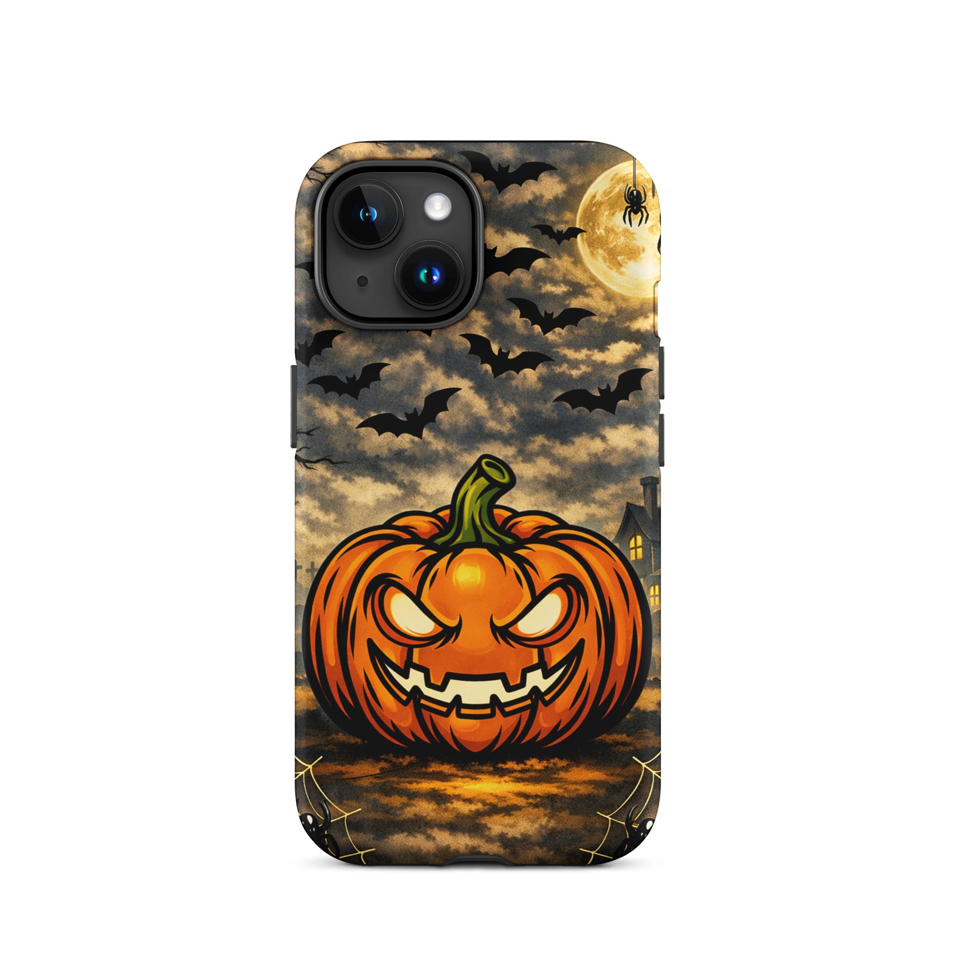 Phone Case for iPhone with haunted pumpkin, glowing jack-o'-lantern, bats, moonlit clouds, and haunted house Halloween scene.
