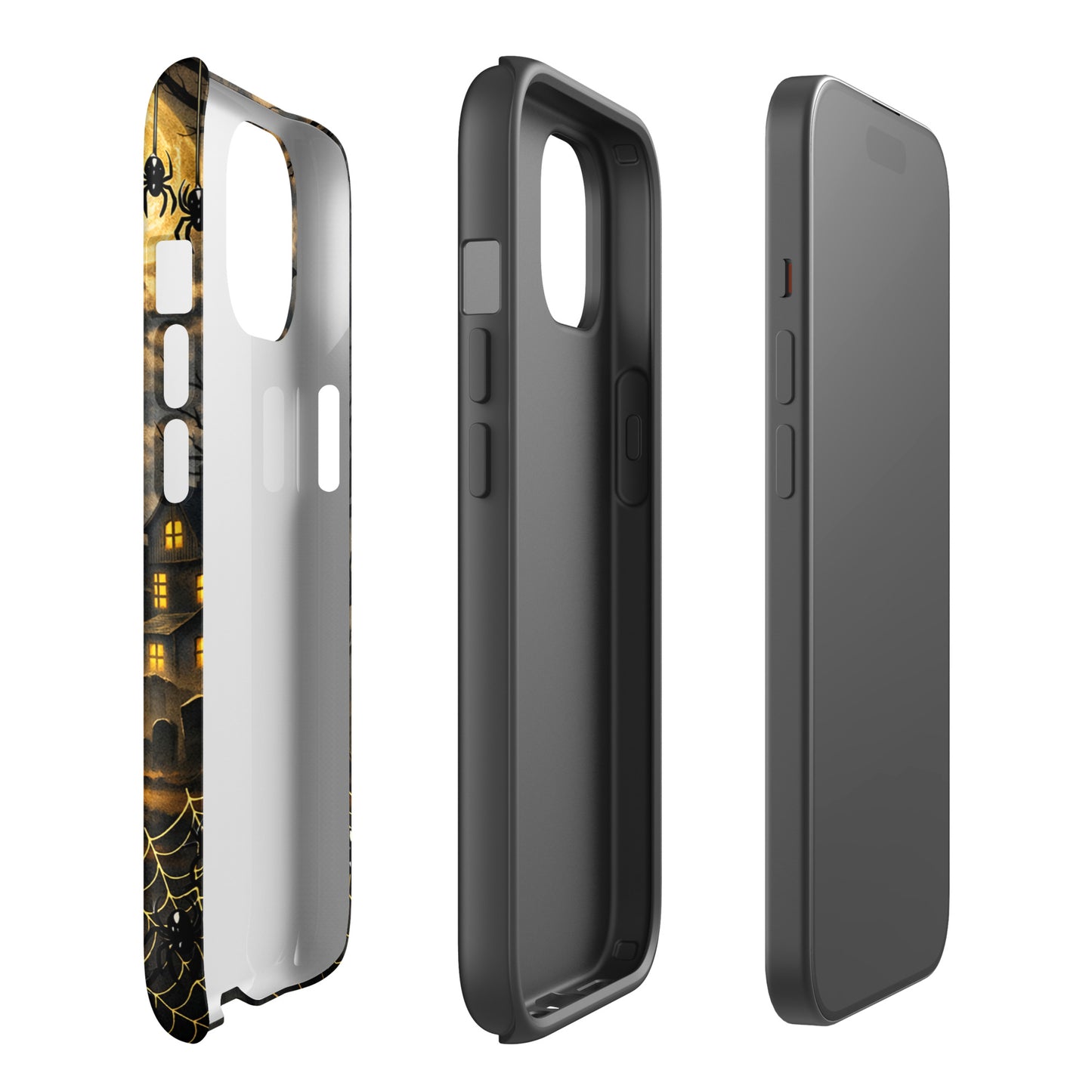 Phone Case for iPhone with Halloween haunted pumpkin, moonlit scene, glowing jack-o'-lantern, bats, and haunted house design.