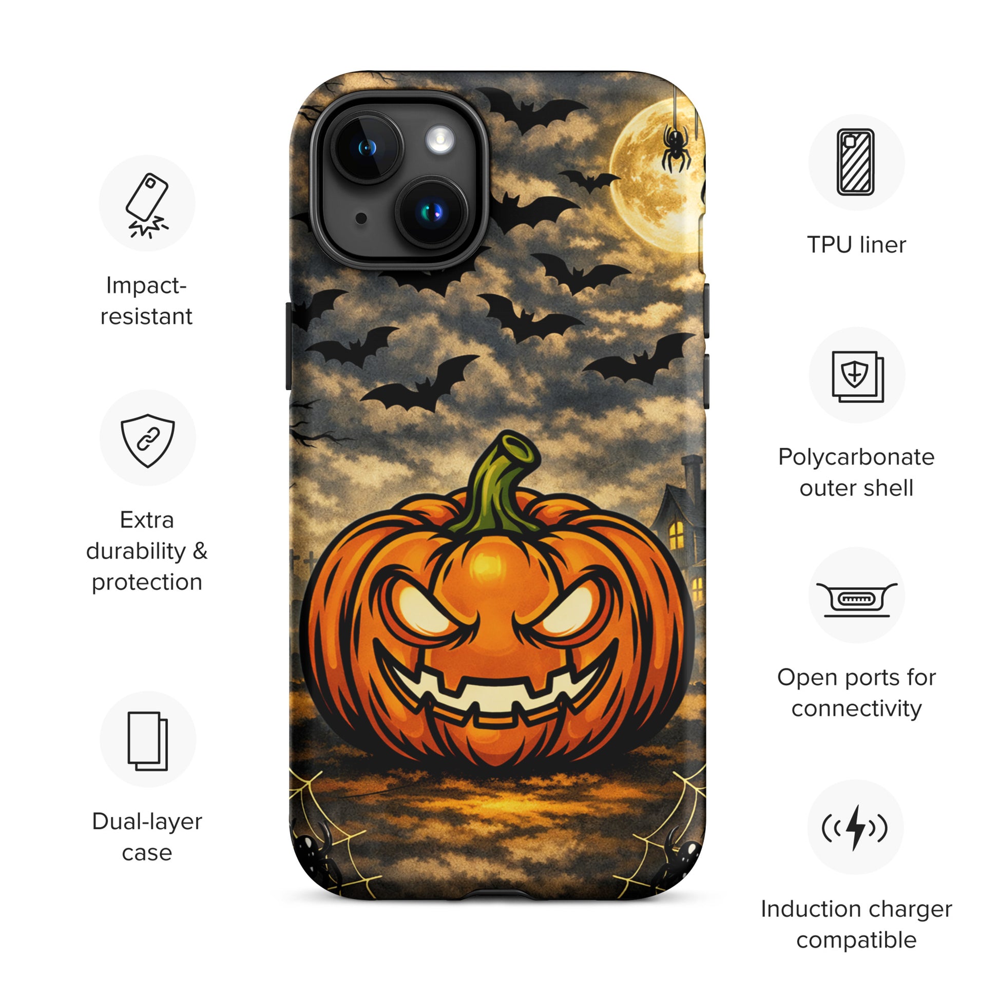 Phone Case for iPhone featuring a haunted pumpkin, bats, moonlit clouds, and a spooky house, perfect for Halloween magic.