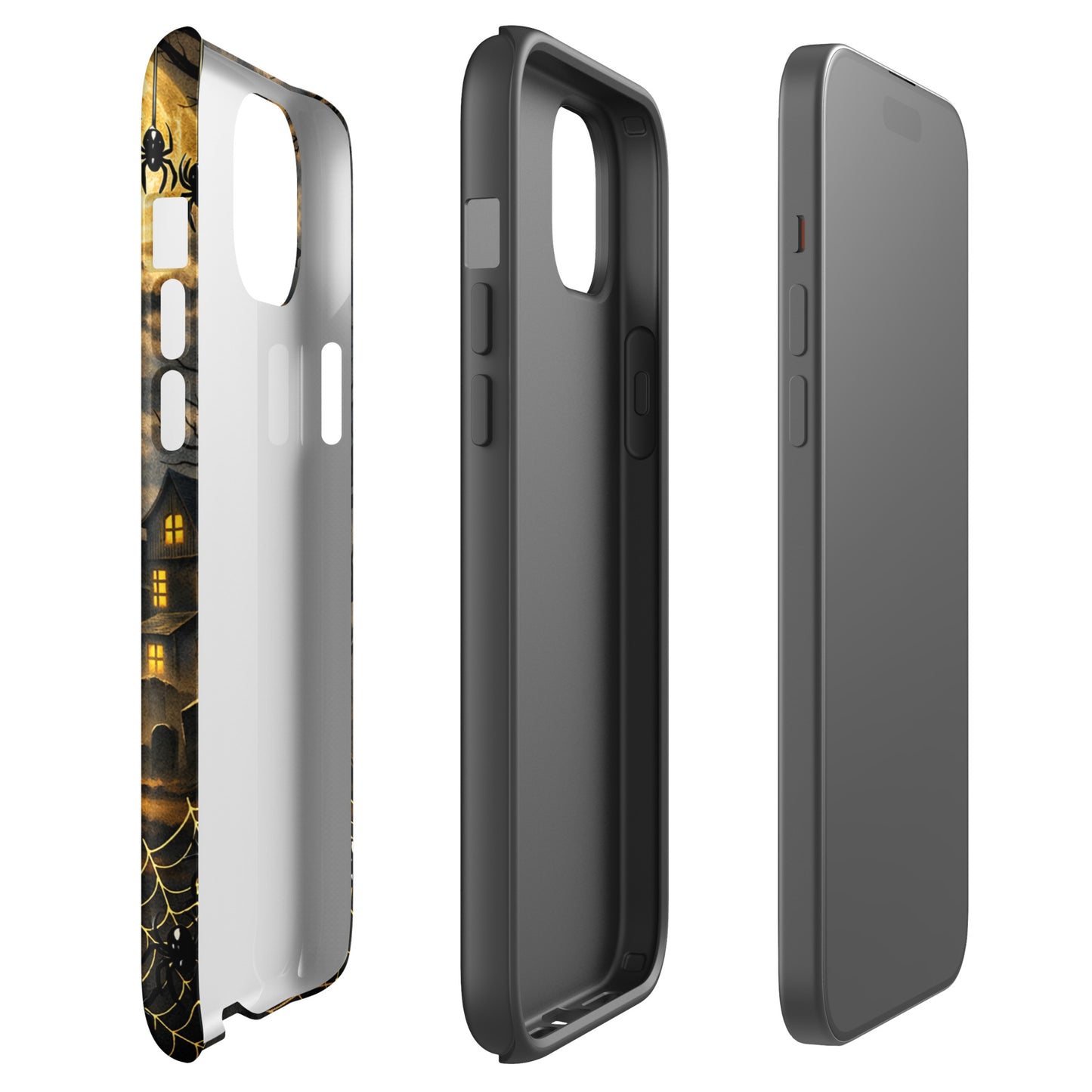 Phone Case for iPhone with Halloween design featuring haunted pumpkin moonlit scene, bats, and haunted house.