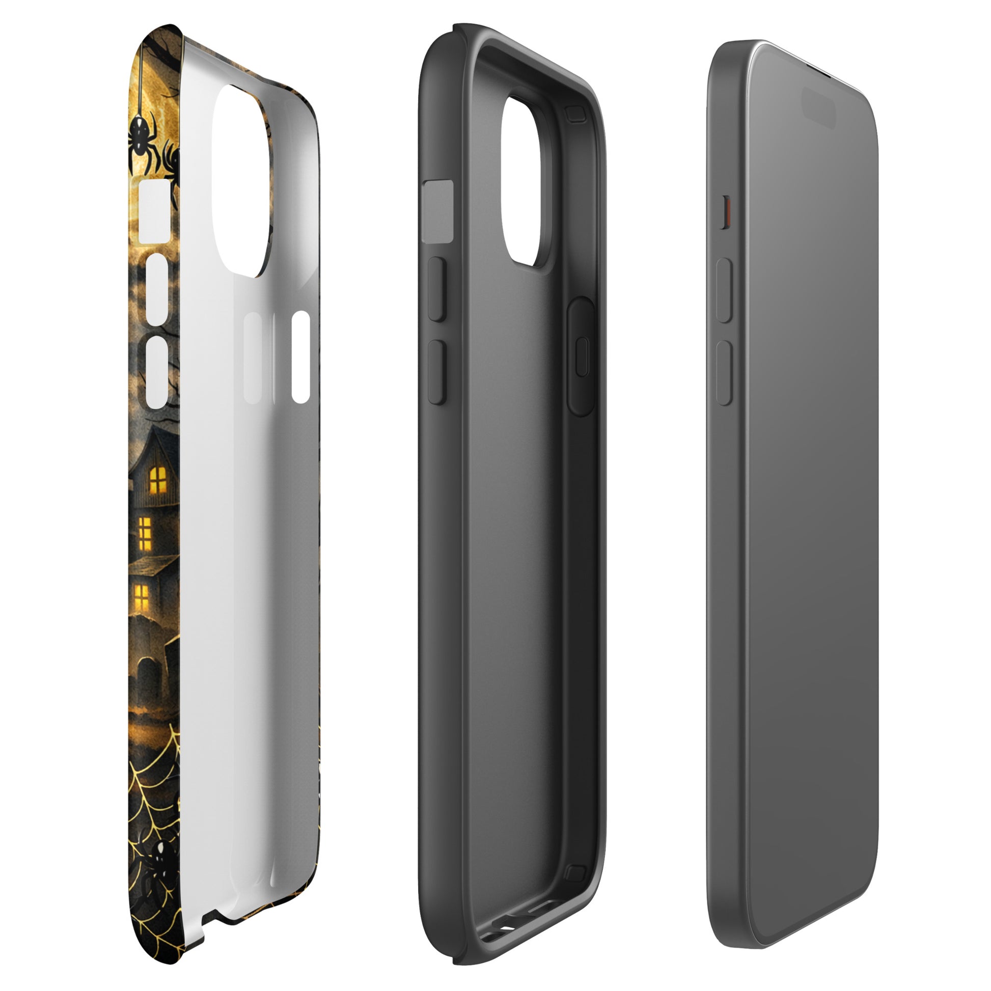 Phone Case for iPhone with Halloween design featuring haunted pumpkin moonlit scene, bats, and haunted house.