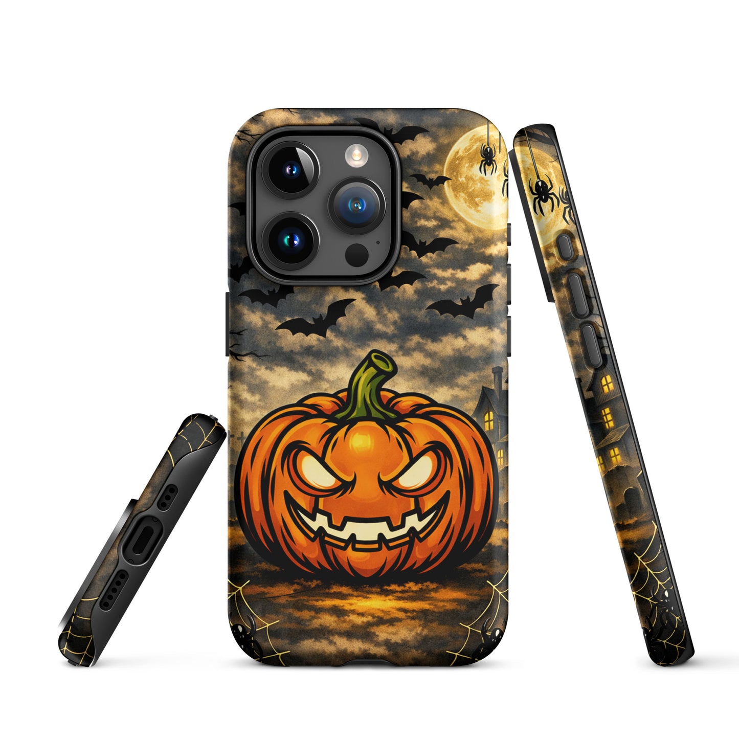 Phone Case for iPhone with haunted pumpkin, bats, and moonlit Halloween scene.