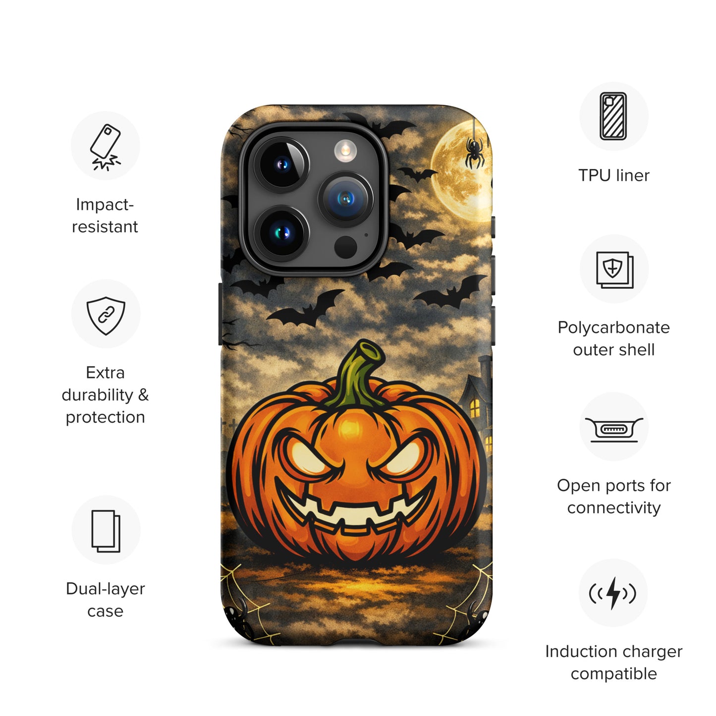 Phone Case for iPhone featuring a haunted Halloween scene with a glowing jack-o'-lantern and bats, perfect for spooky celebrations.