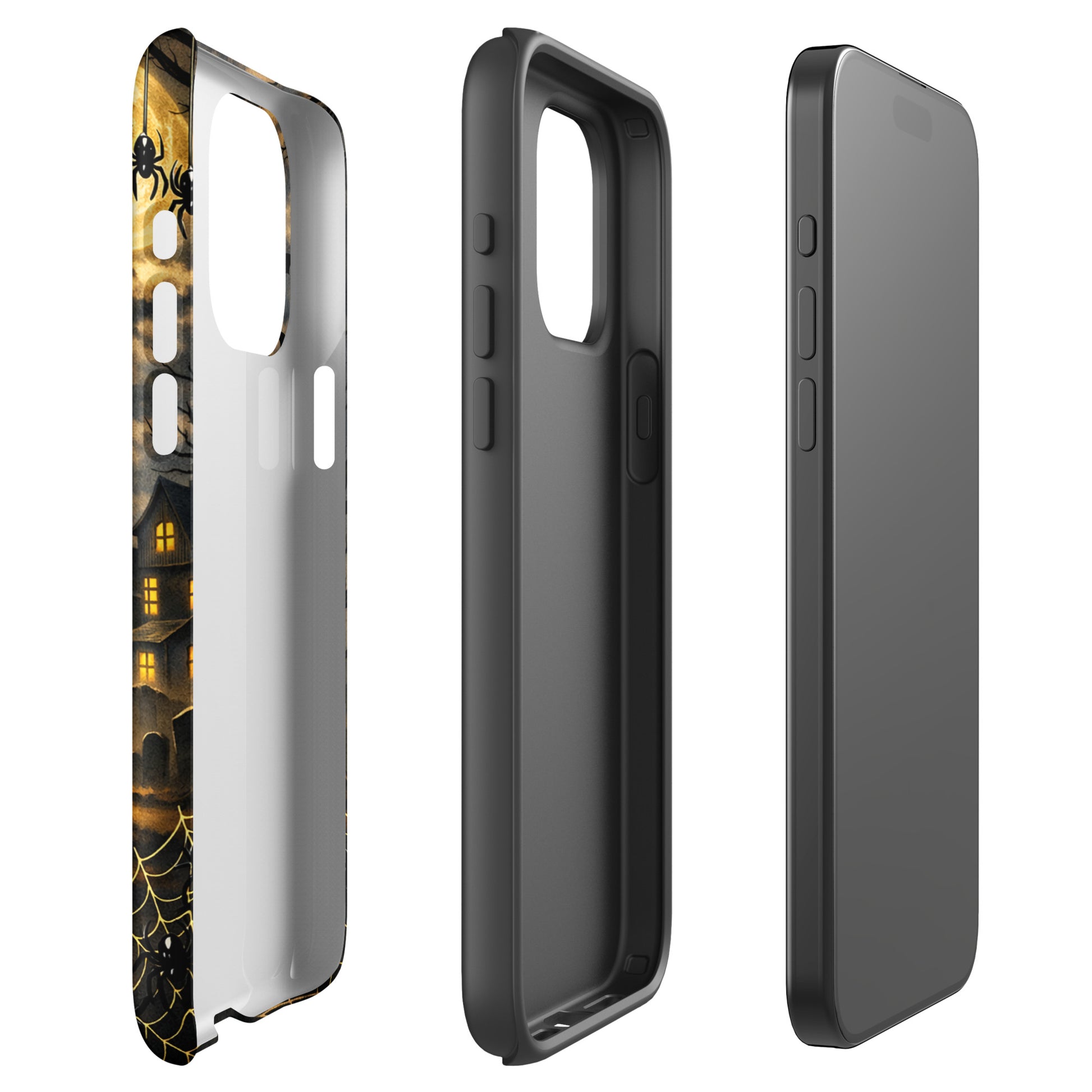 Phone Case for iPhone with Halloween haunted pumpkin scene and moonlit clouds, featuring a spooky house and swirling bats design.