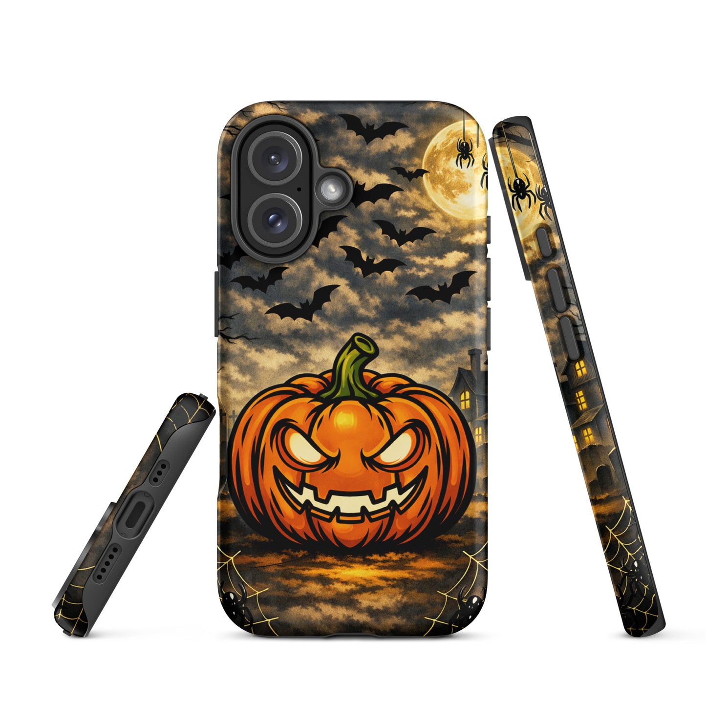 Phone Case for iPhone with haunted pumpkin, bats, and moonlit Halloween scene, perfect for spooky enthusiasts.