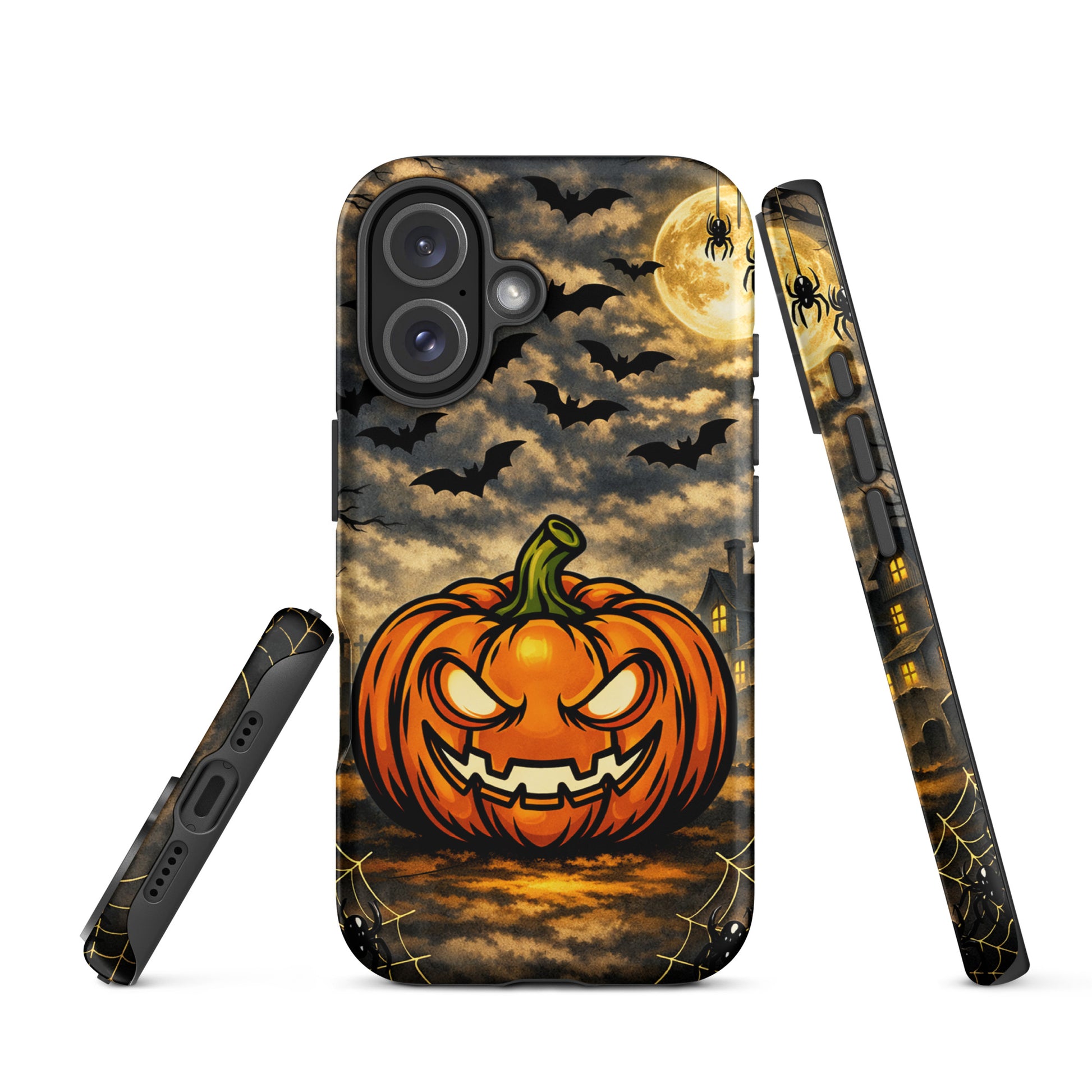 Phone Case for iPhone with haunted pumpkin, bats, and moonlit Halloween scene, perfect for spooky enthusiasts.