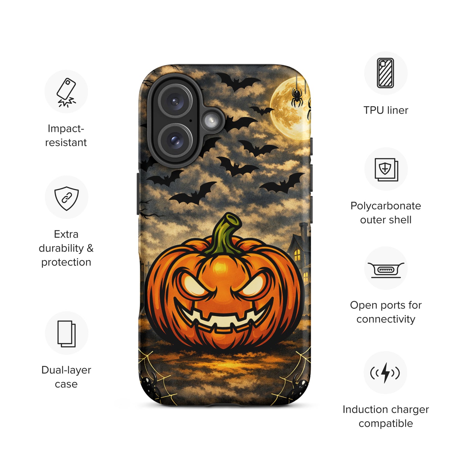 Phone Case featuring haunted pumpkin, moonlit Halloween scene with bats and haunted house.
