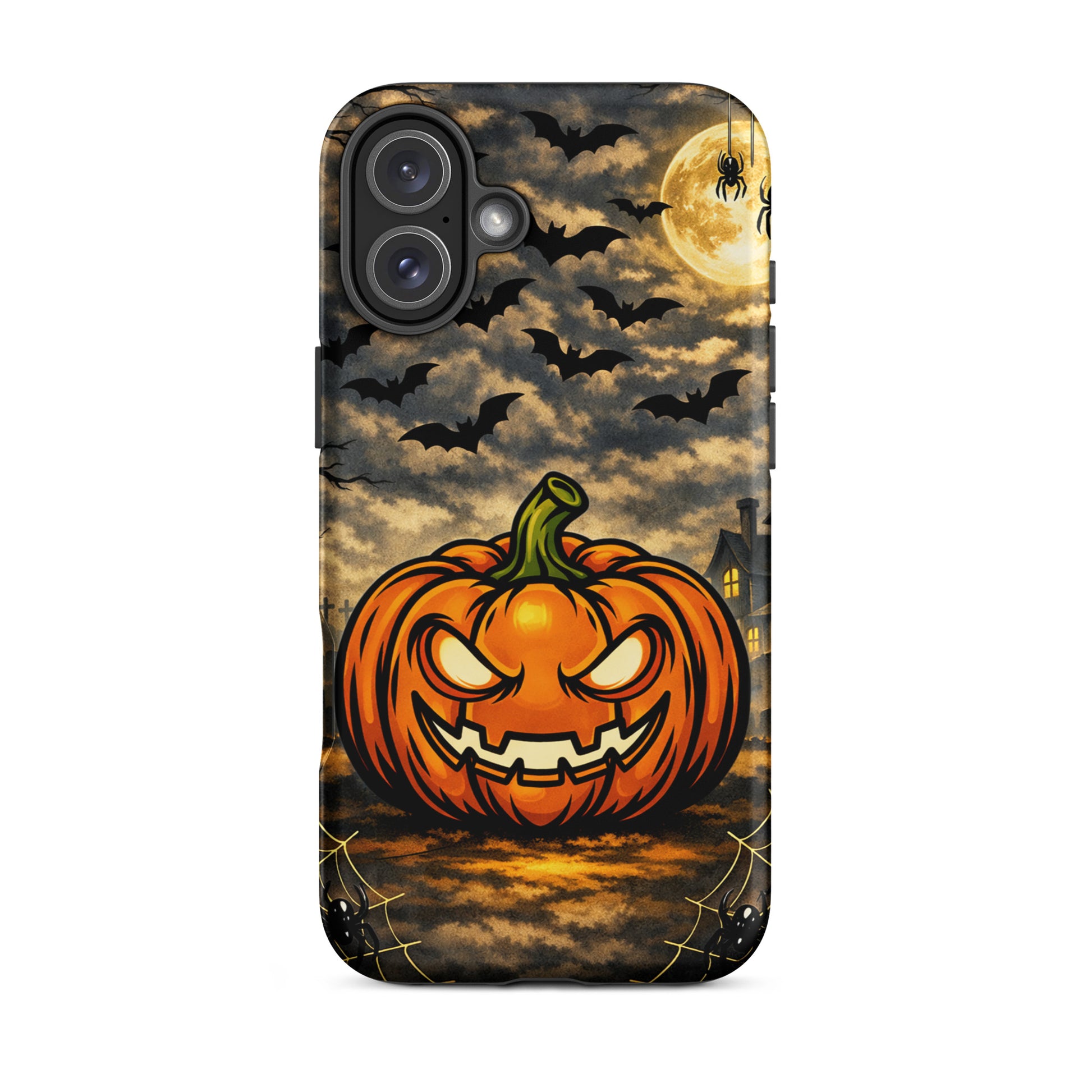 Phone Case for iPhone with haunted pumpkin, bats, moon, and haunted house design for Halloween magic.